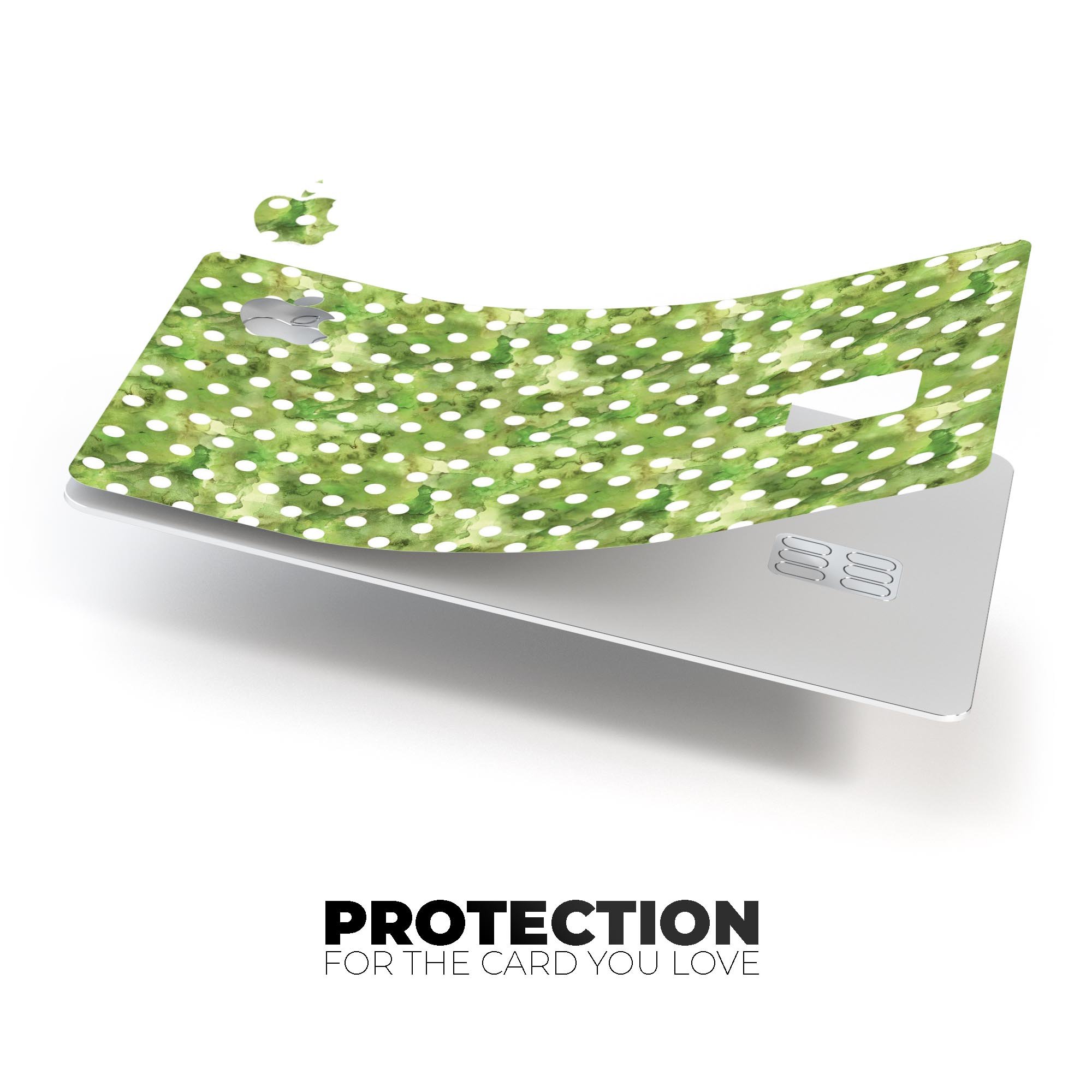 White polka dots design on a green watercolor background, showcasing a premium protective decal for the Apple Card.