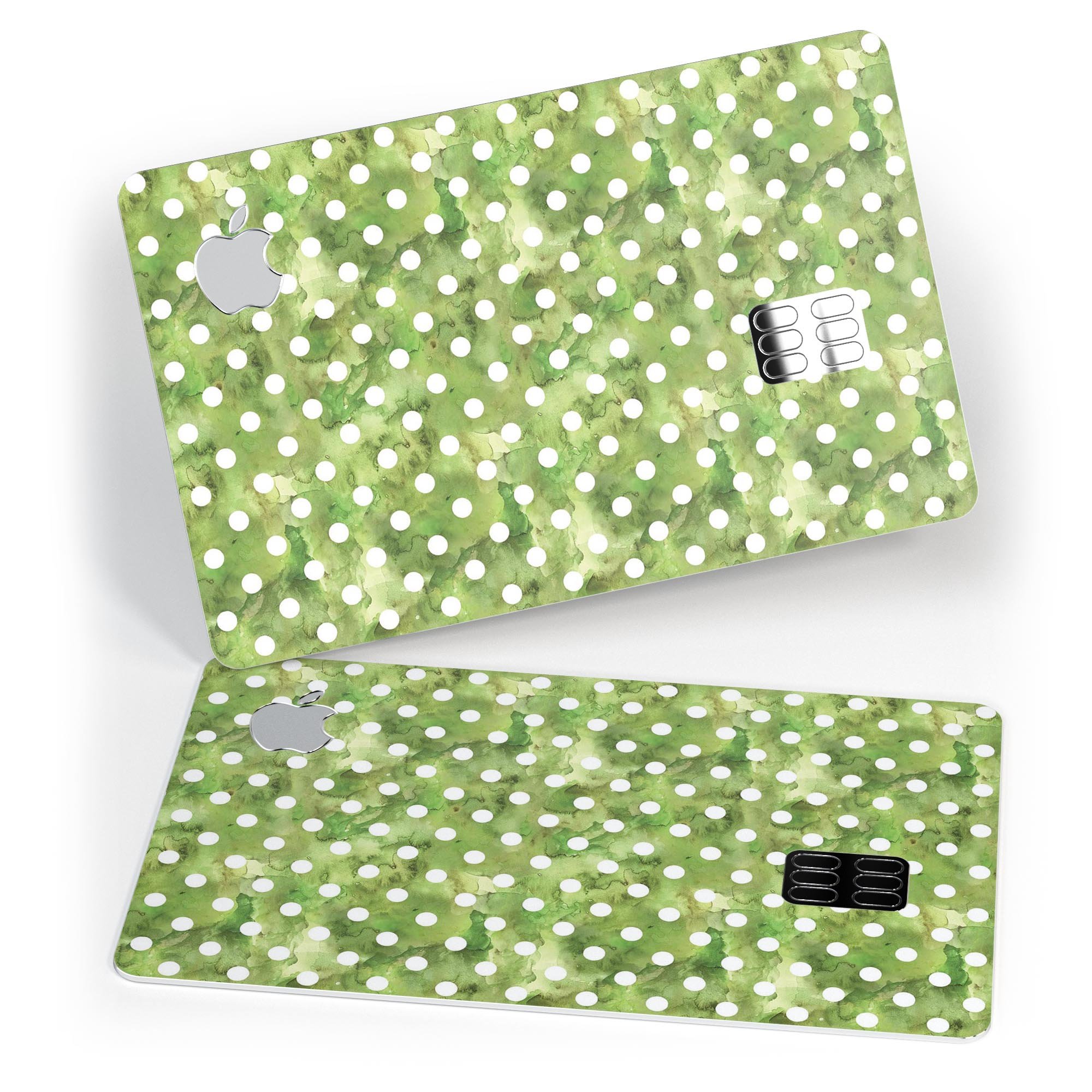 White polka dots design on a green watercolor background, showcasing a premium protective decal for the Apple Card.