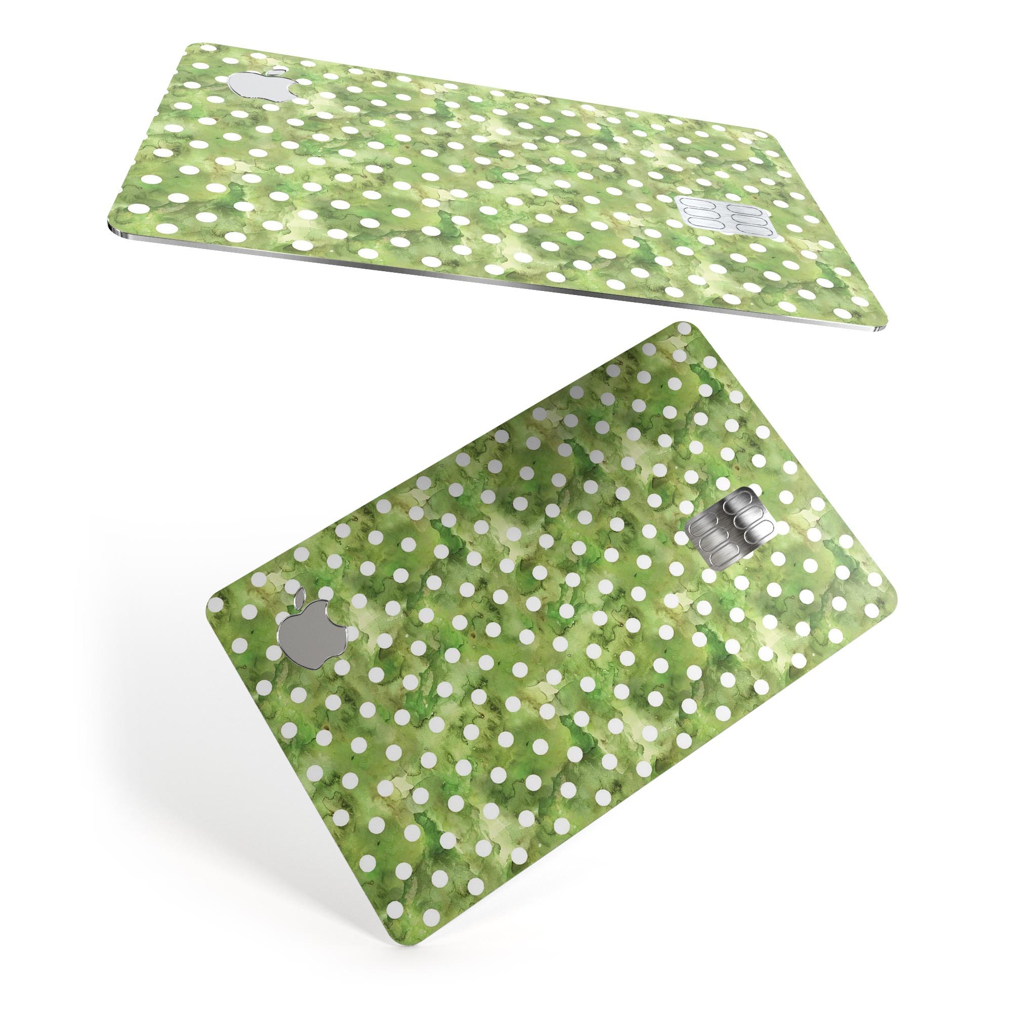 White polka dots design on a green watercolor background, showcasing a premium protective decal for the Apple Card.