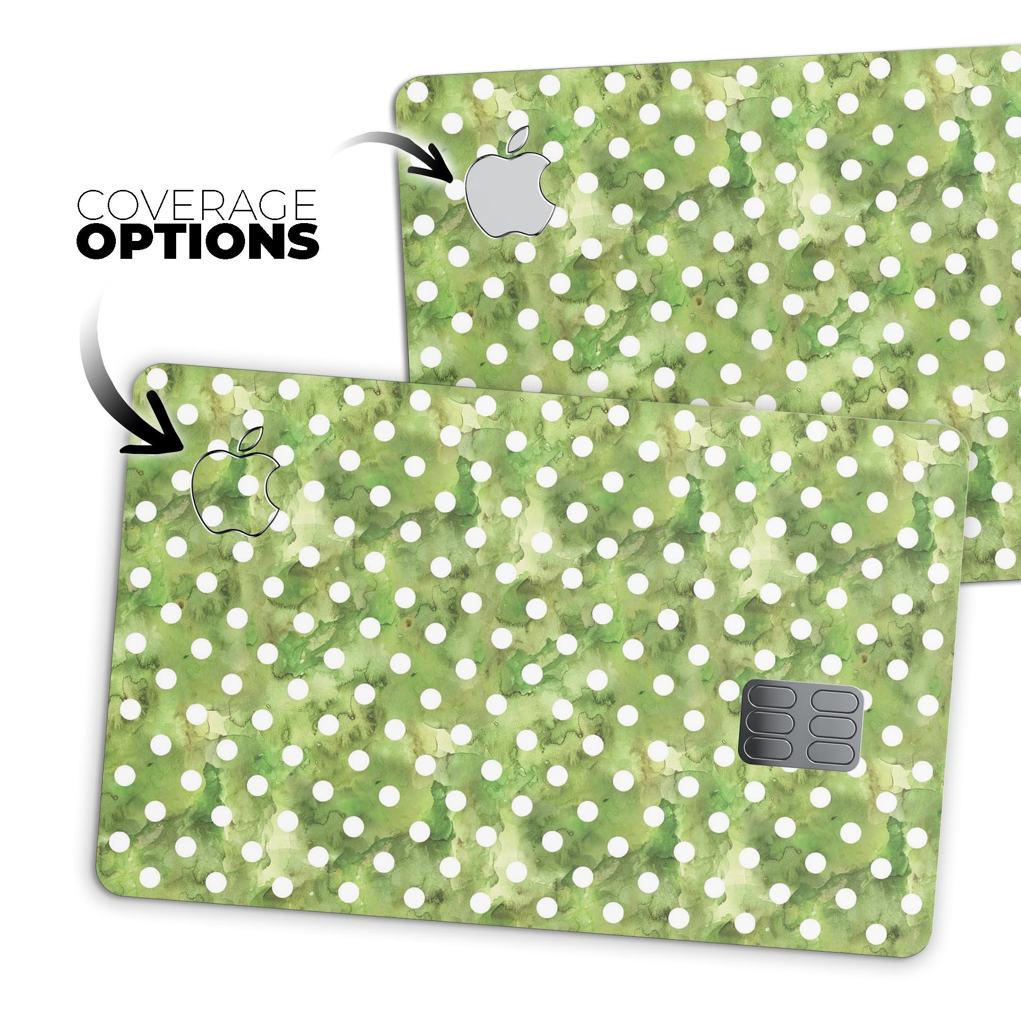 White polka dots design on a green watercolor background, showcasing a premium protective decal for the Apple Card.