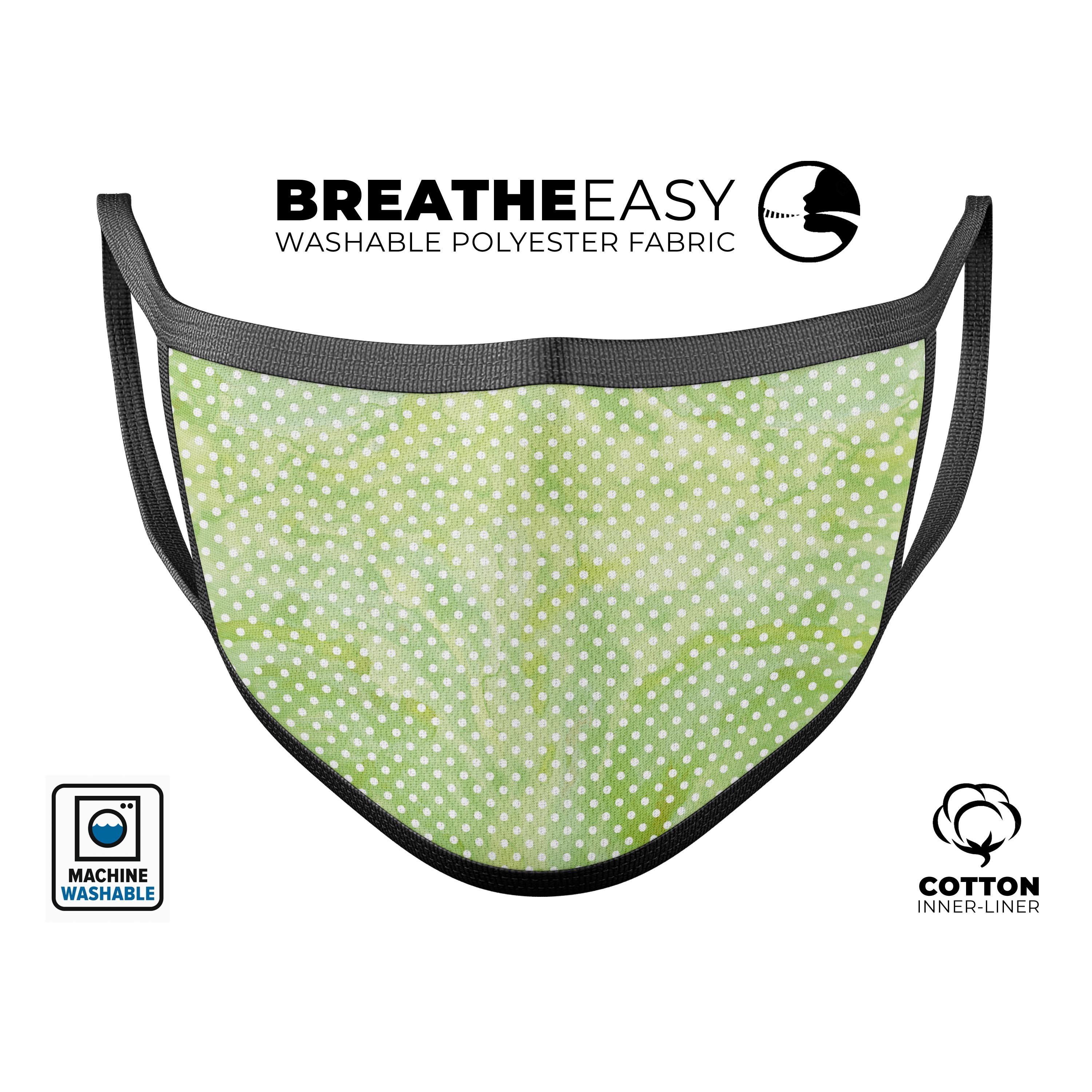 A stylish white polka dot face mask with a green watercolor background, showcasing a 3D design for comfort and fit.