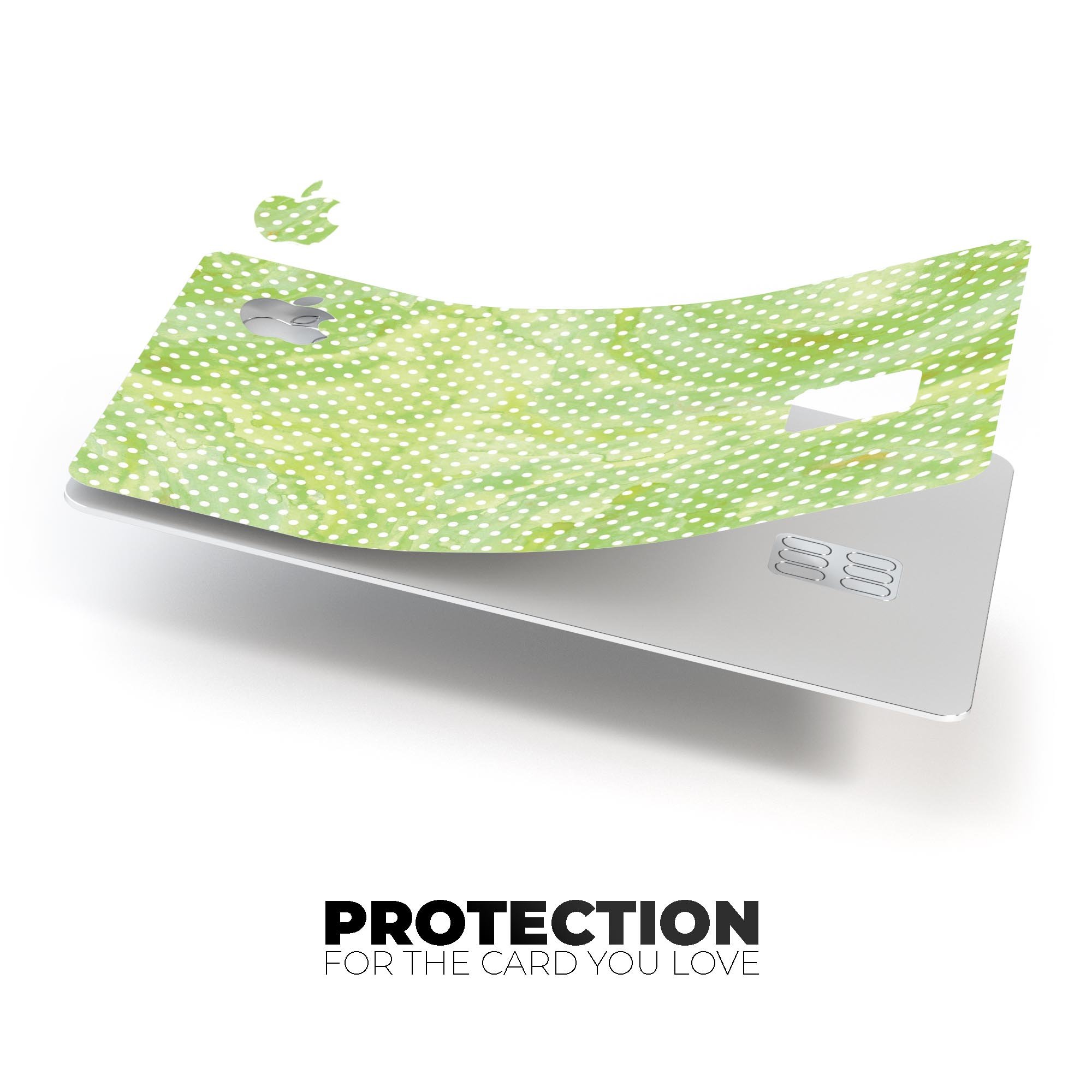 White Polka Dots over Green Watercolor V2 decal applied on an Apple Card, showcasing its stylish design and premium quality.