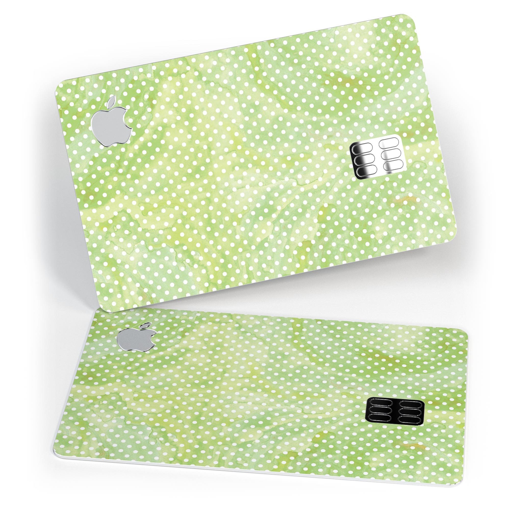 White Polka Dots over Green Watercolor V2 decal applied on an Apple Card, showcasing its stylish design and premium quality.