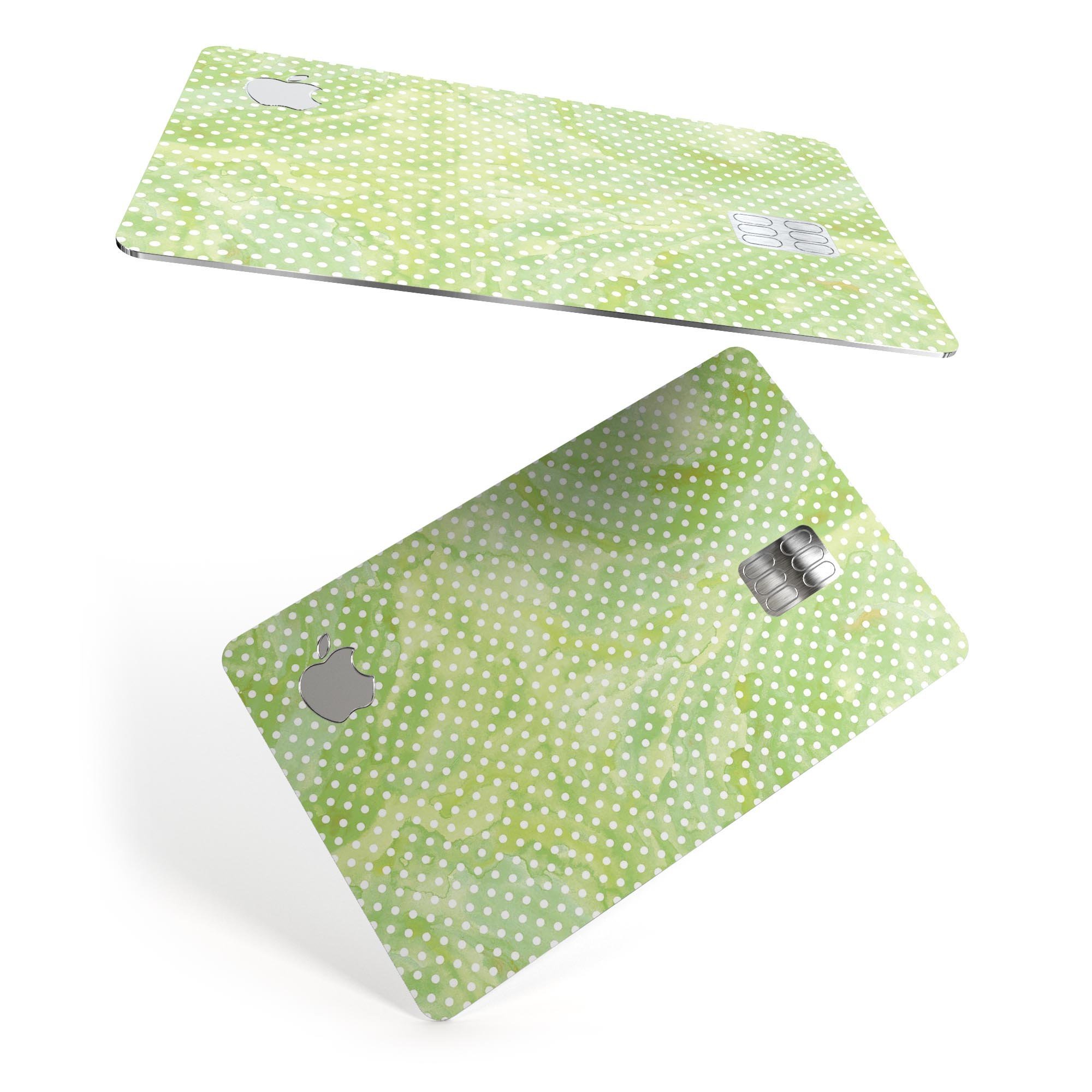 White Polka Dots over Green Watercolor V2 decal applied on an Apple Card, showcasing its stylish design and premium quality.