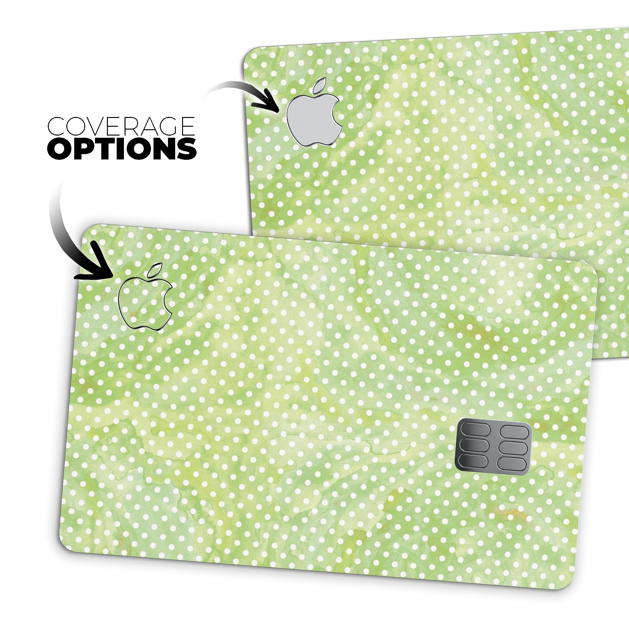 White Polka Dots over Green Watercolor V2 decal applied on an Apple Card, showcasing its stylish design and premium quality.