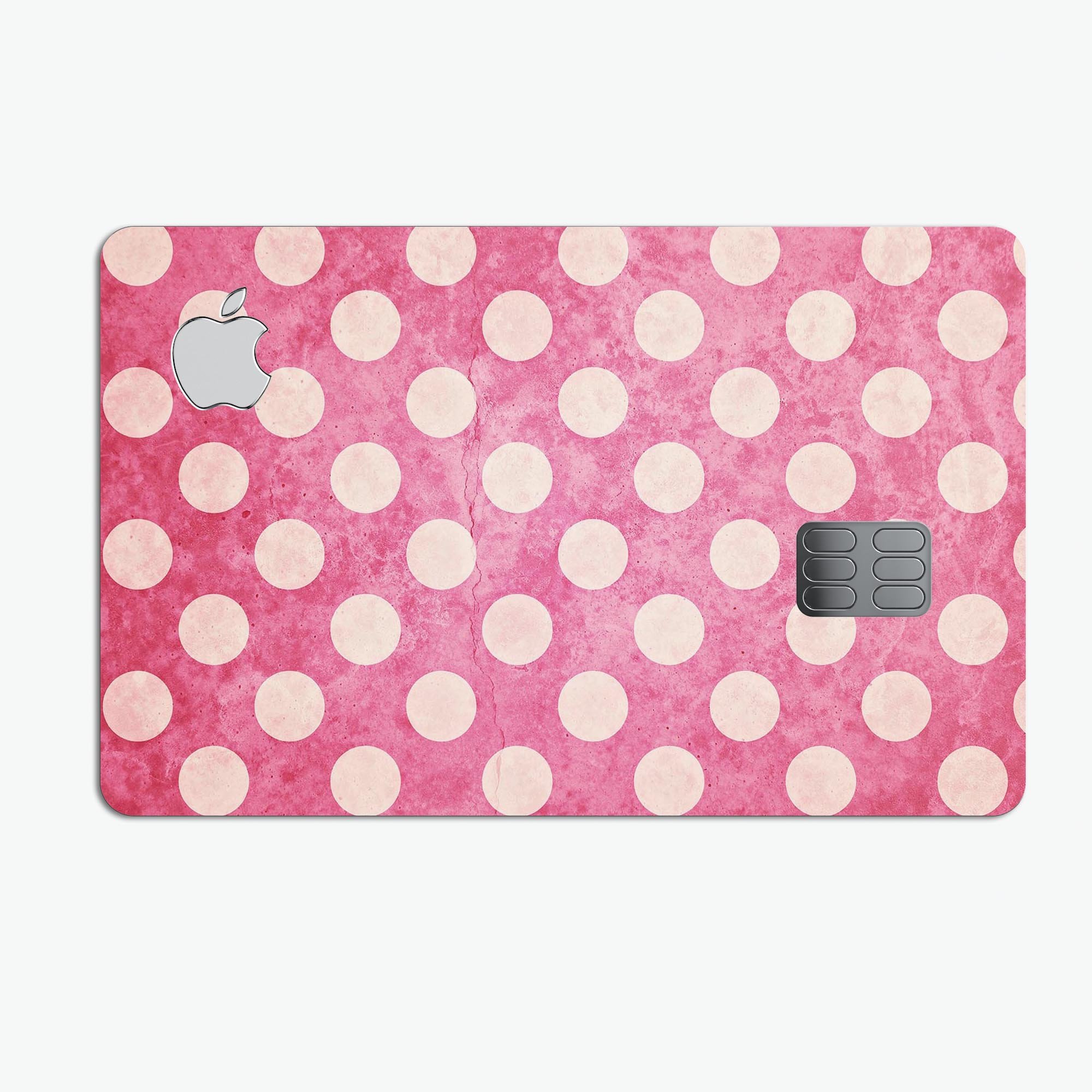 White Polka Dots Over Grungy Pink skin decal for Apple Card, showcasing a stylish design with premium vinyl material.