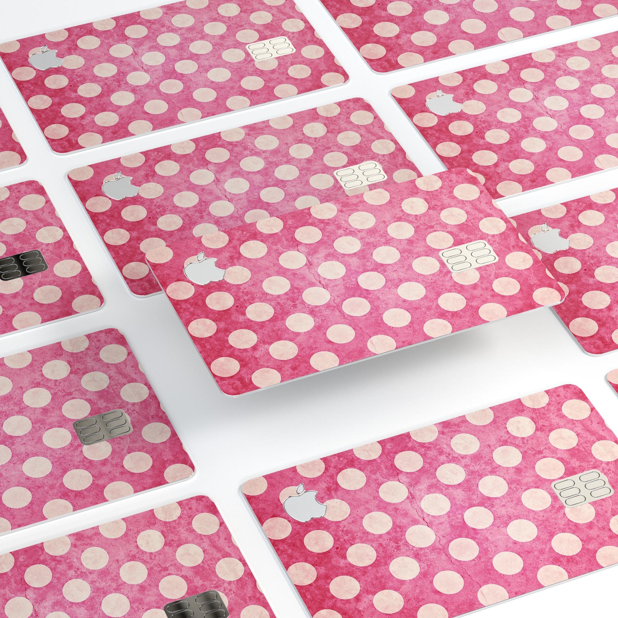 White Polka Dots Over Grungy Pink skin decal for Apple Card, showcasing a stylish design with premium vinyl material.