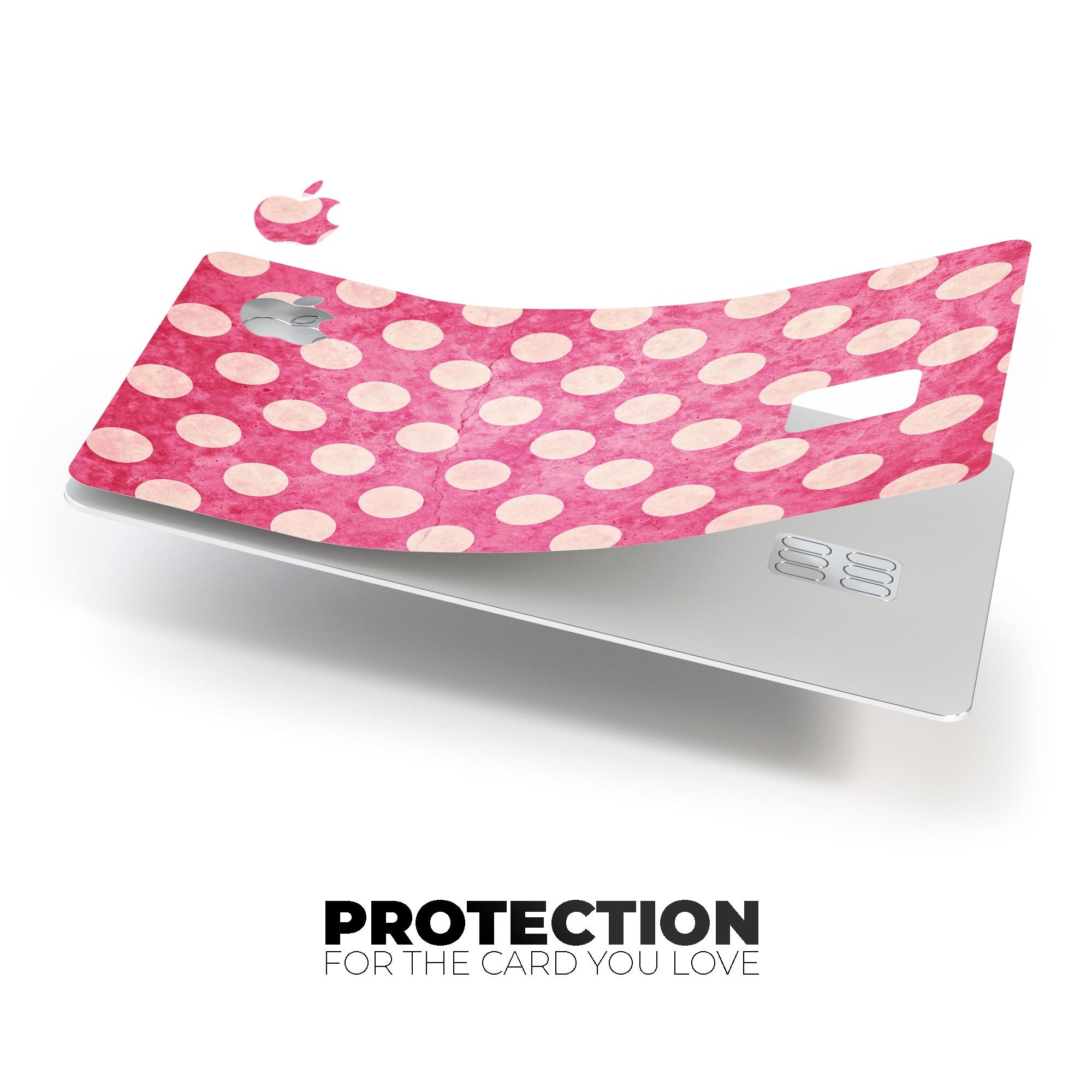 White Polka Dots Over Grungy Pink skin decal for Apple Card, showcasing a stylish design with premium vinyl material.