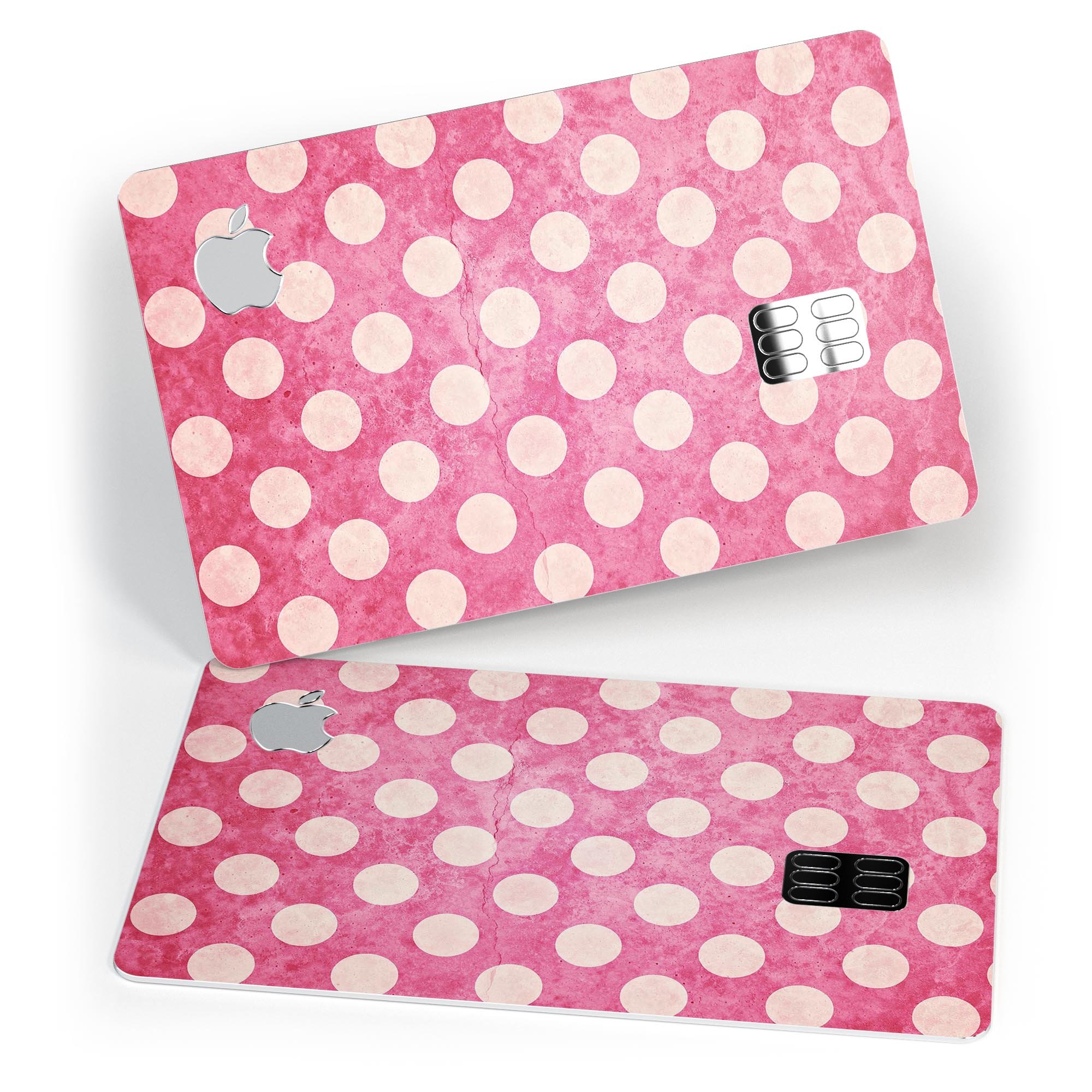 White Polka Dots Over Grungy Pink skin decal for Apple Card, showcasing a stylish design with premium vinyl material.