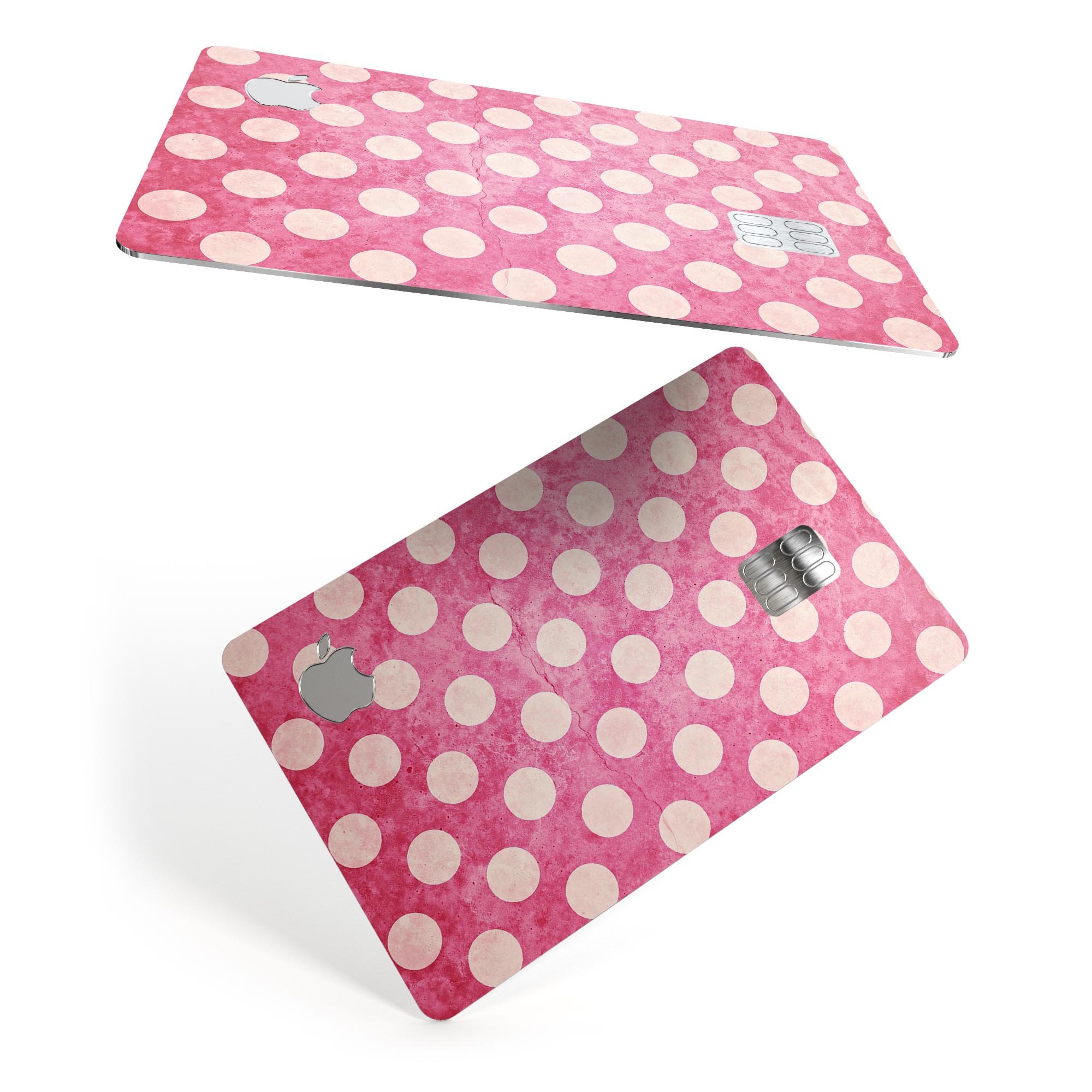 White Polka Dots Over Grungy Pink skin decal for Apple Card, showcasing a stylish design with premium vinyl material.