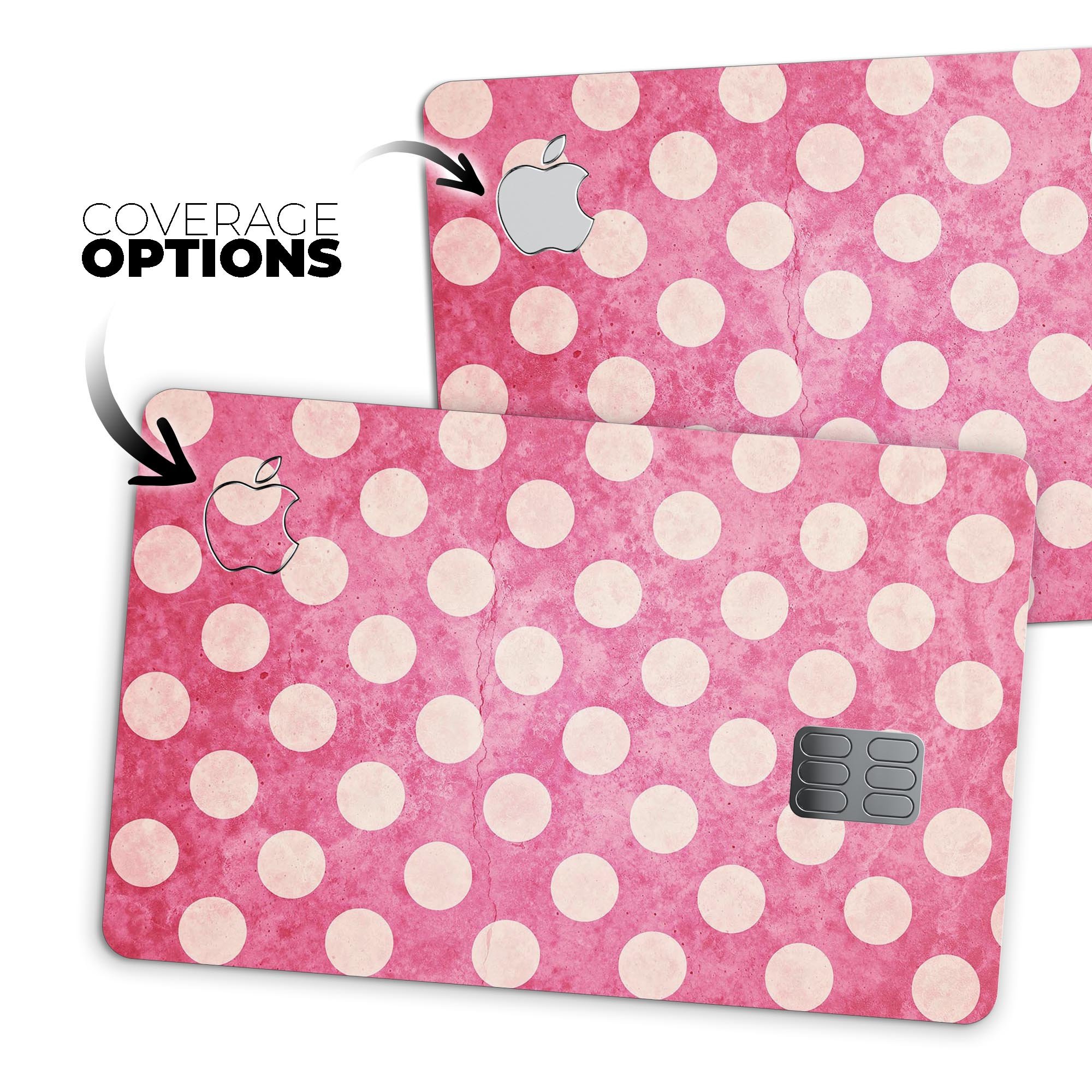 White Polka Dots Over Grungy Pink skin decal for Apple Card, showcasing a stylish design with premium vinyl material.