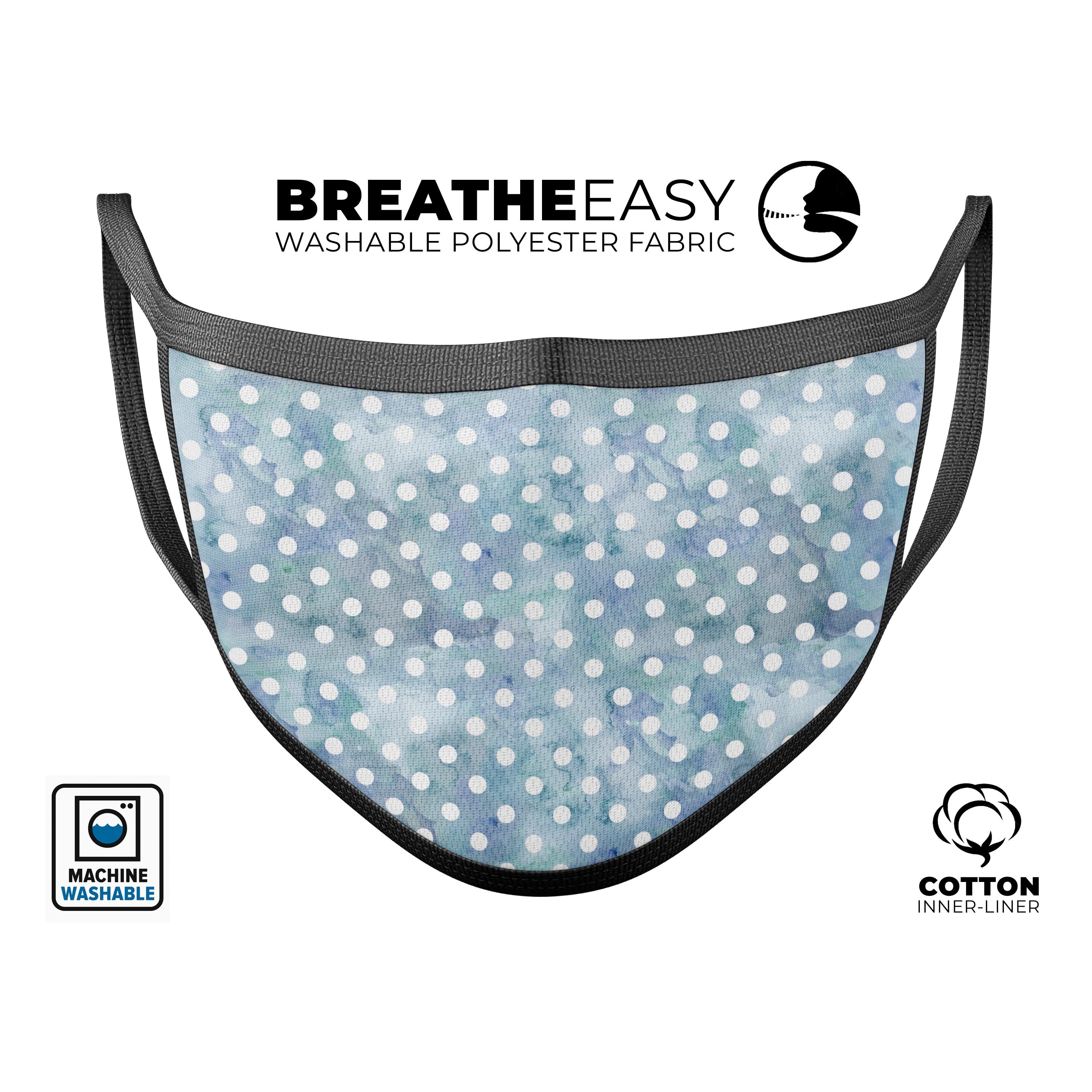 A stylish mouth cover featuring white polka dots on a pale blue watercolor background, showcasing its vibrant design and comfortable fit.