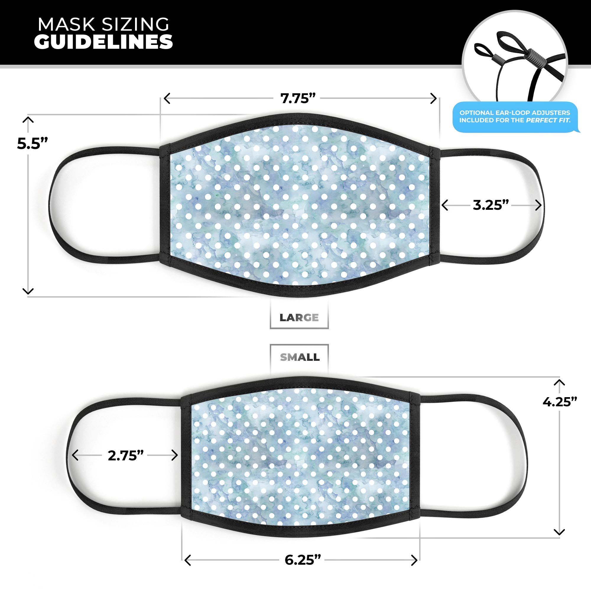 A stylish mouth cover featuring white polka dots on a pale blue watercolor background, showcasing its vibrant design and comfortable fit.