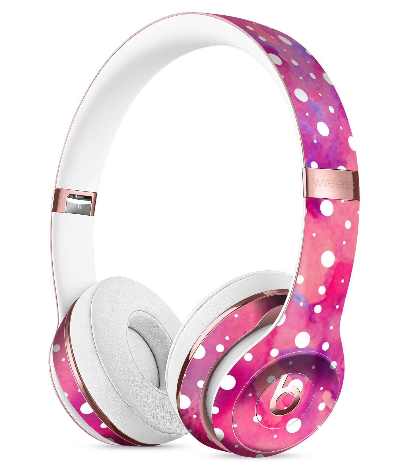 White polka dots over pink watercolor grunge skin kit for Beats by Dre Solo 3 Wireless Headphones, showcasing vibrant design and premium vinyl material.