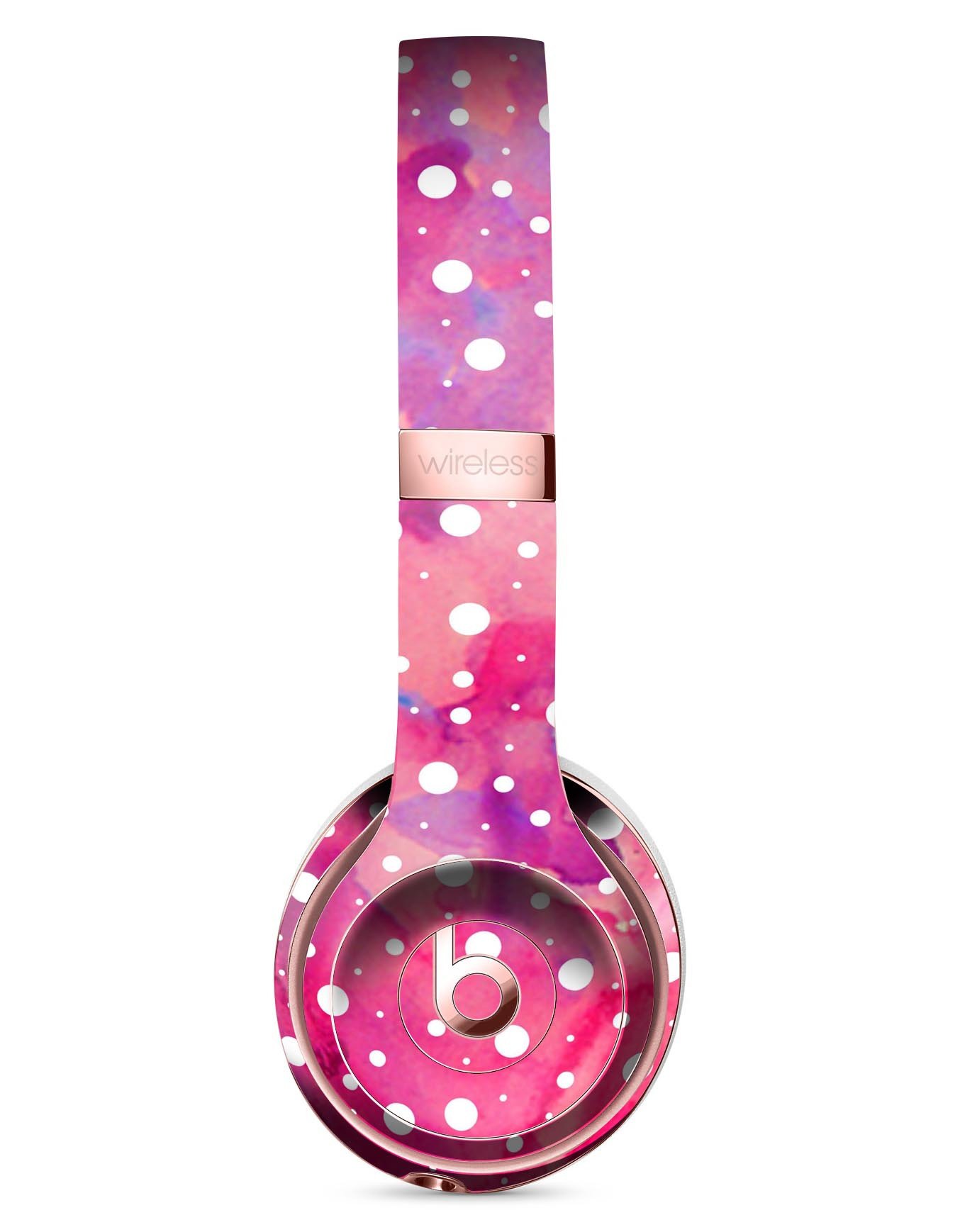 White polka dots over pink watercolor grunge skin kit for Beats by Dre Solo 3 Wireless Headphones, showcasing vibrant design and premium vinyl material.