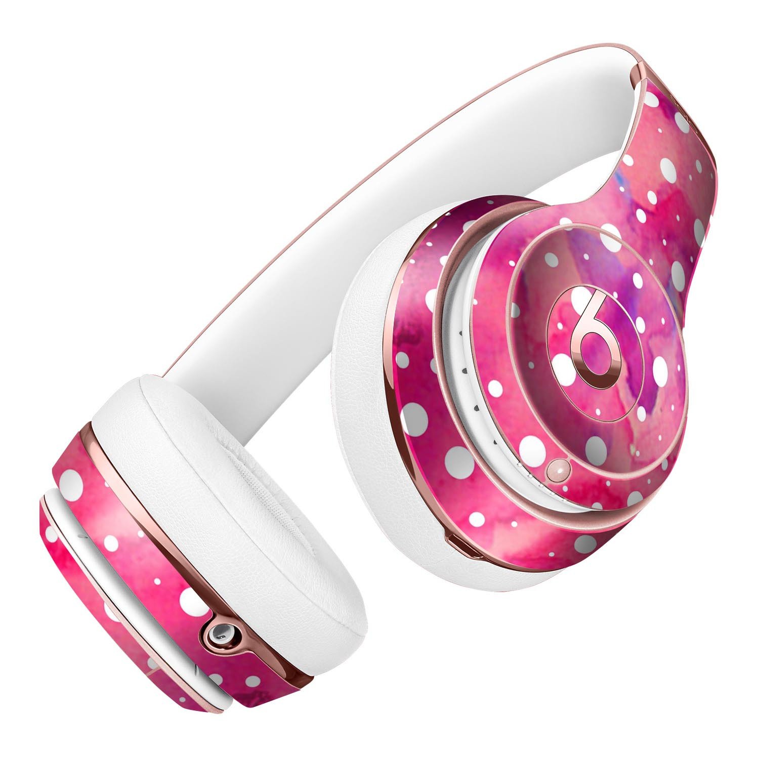 White polka dots over pink watercolor grunge skin kit for Beats by Dre Solo 3 Wireless Headphones, showcasing vibrant design and premium vinyl material.