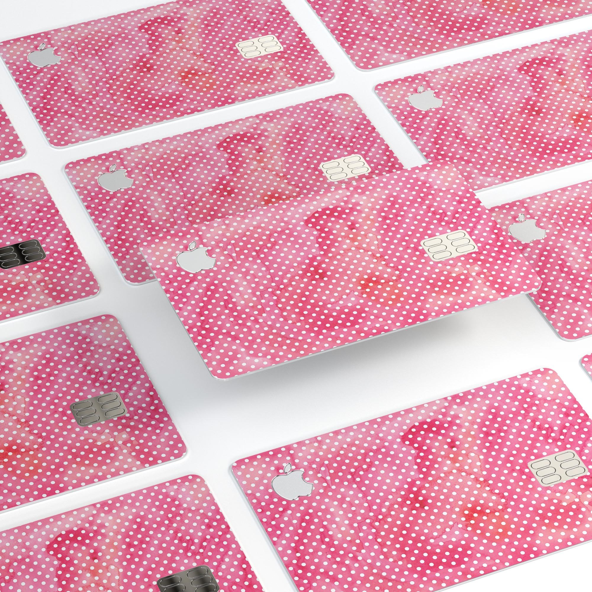 White Polka Dots over Pink Watercolor V2 decal applied on an Apple Card, showcasing its stylish design and premium quality.