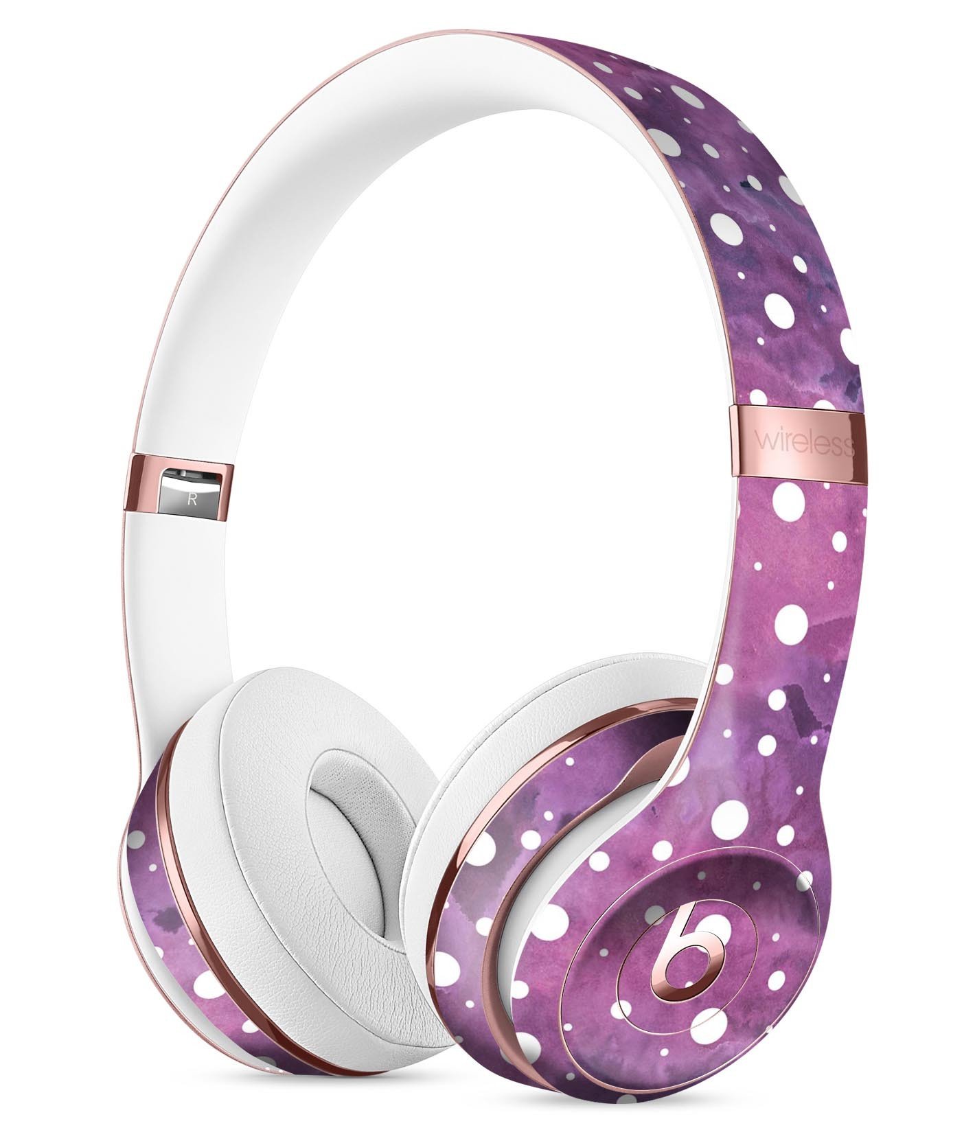 Full-body skin kit featuring white polka dots over a purple pink paint mix for Beats by Dre Solo 3 Wireless Headphones.