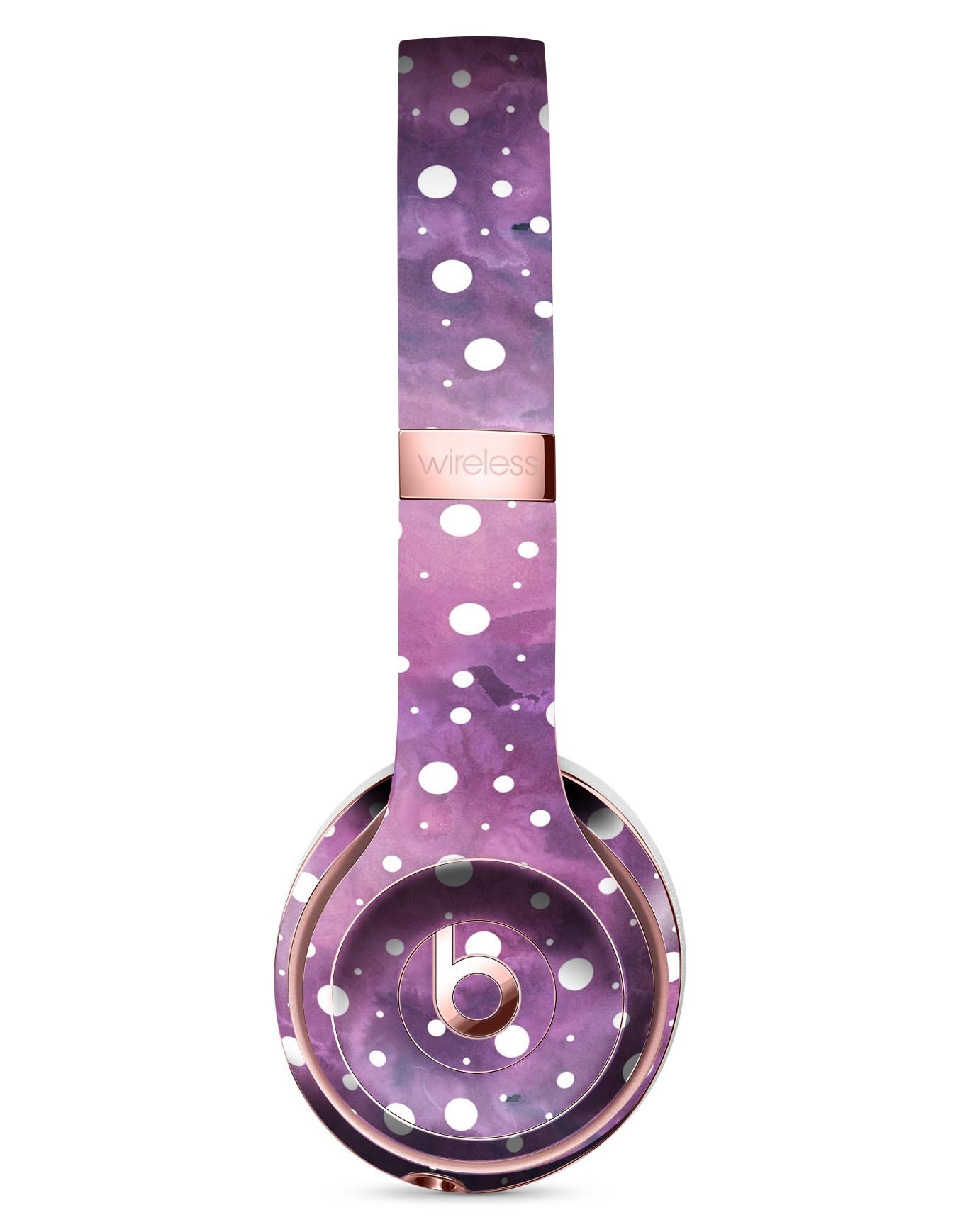 Full-body skin kit featuring white polka dots over a purple pink paint mix for Beats by Dre Solo 3 Wireless Headphones.