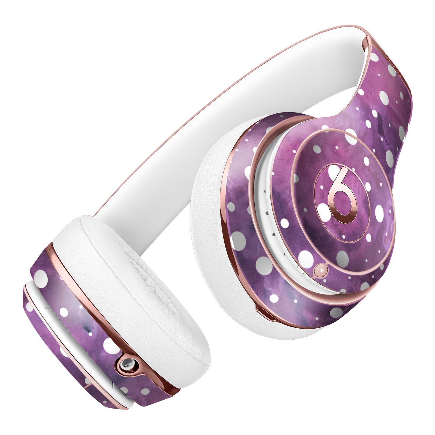 Full-body skin kit featuring white polka dots over a purple pink paint mix for Beats by Dre Solo 3 Wireless Headphones.