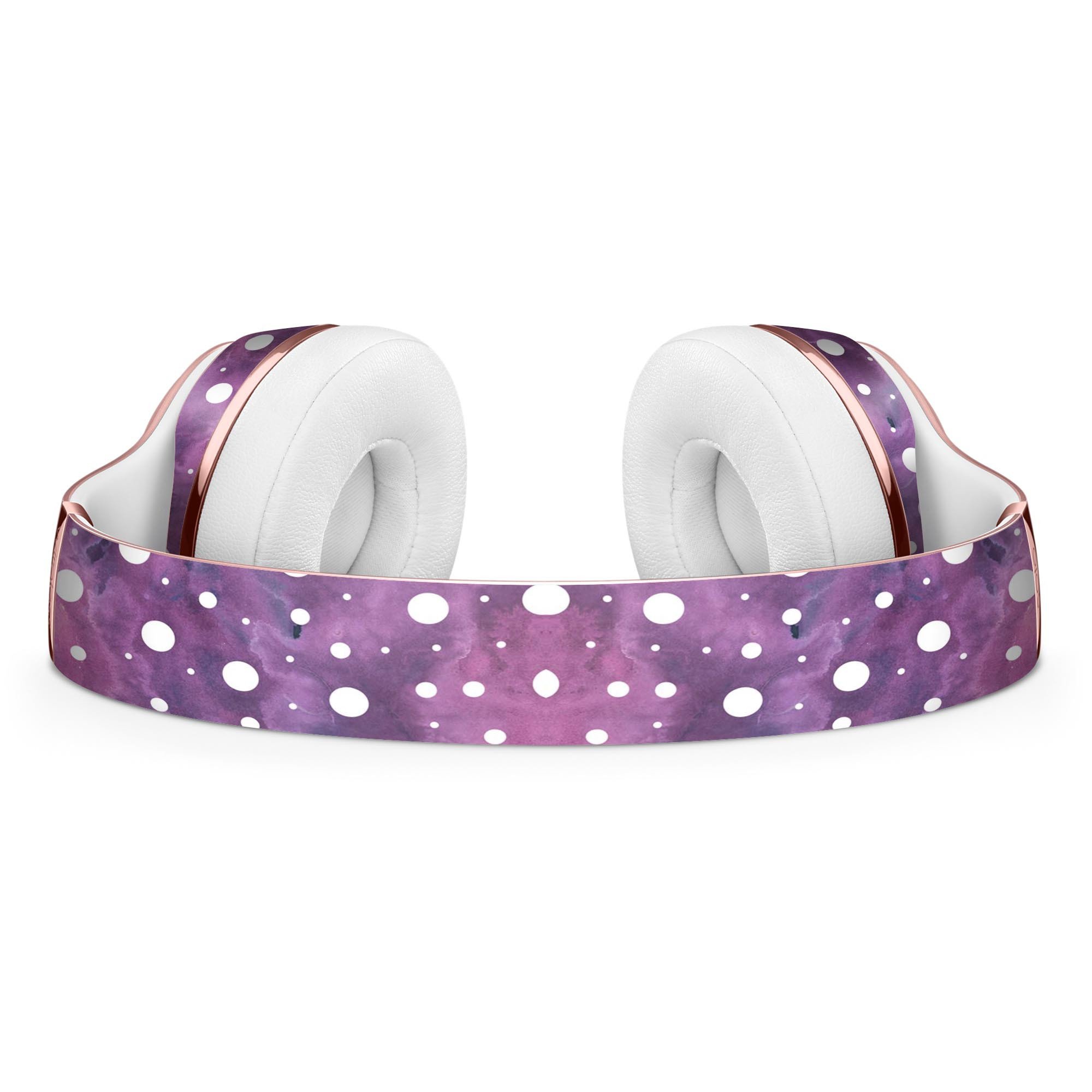 Full-body skin kit featuring white polka dots over a purple pink paint mix for Beats by Dre Solo 3 Wireless Headphones.