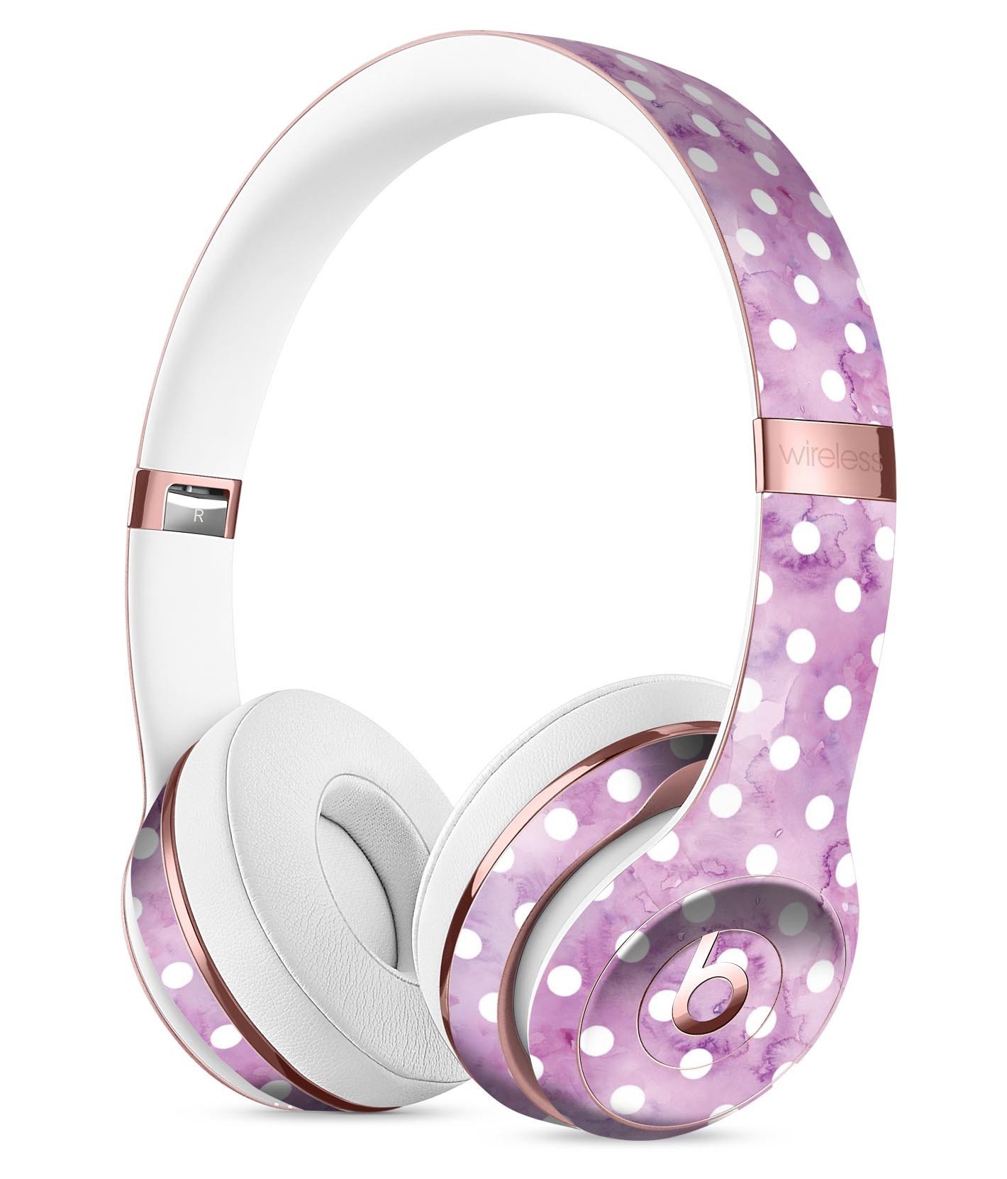 White polka dots design on purple watercolor skin for Beats by Dre Solo 3 Wireless Headphones, showcasing vibrant colors and stylish pattern.