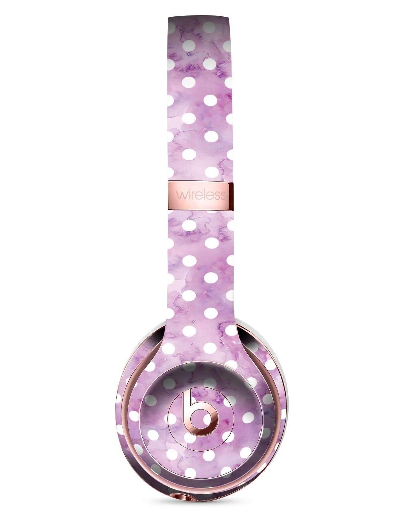 White polka dots design on purple watercolor skin for Beats by Dre Solo 3 Wireless Headphones, showcasing vibrant colors and stylish pattern.