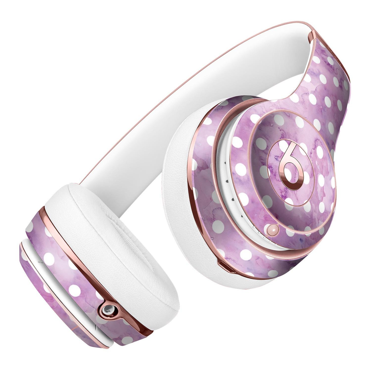 White polka dots design on purple watercolor skin for Beats by Dre Solo 3 Wireless Headphones, showcasing vibrant colors and stylish pattern.