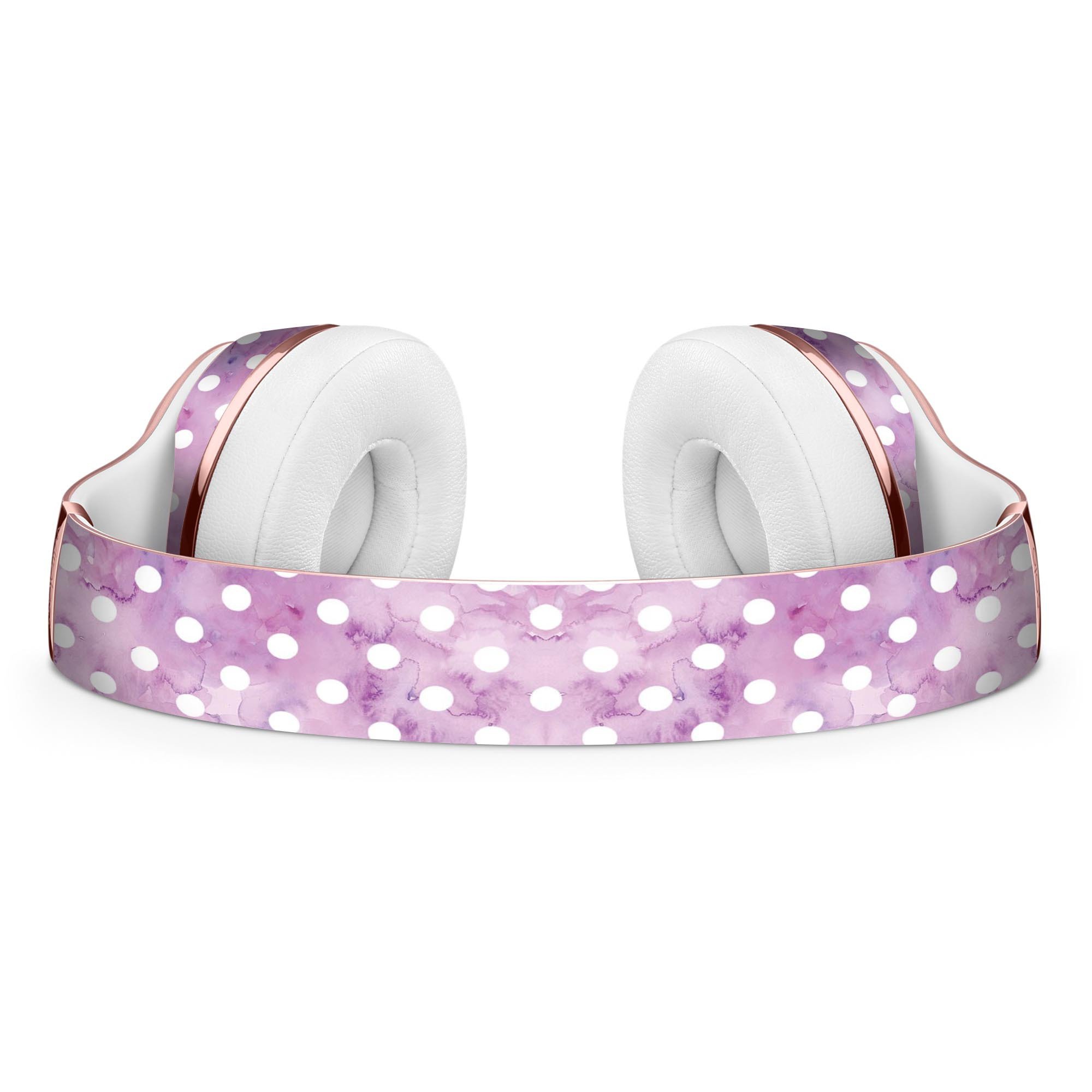 White polka dots design on purple watercolor skin for Beats by Dre Solo 3 Wireless Headphones, showcasing vibrant colors and stylish pattern.