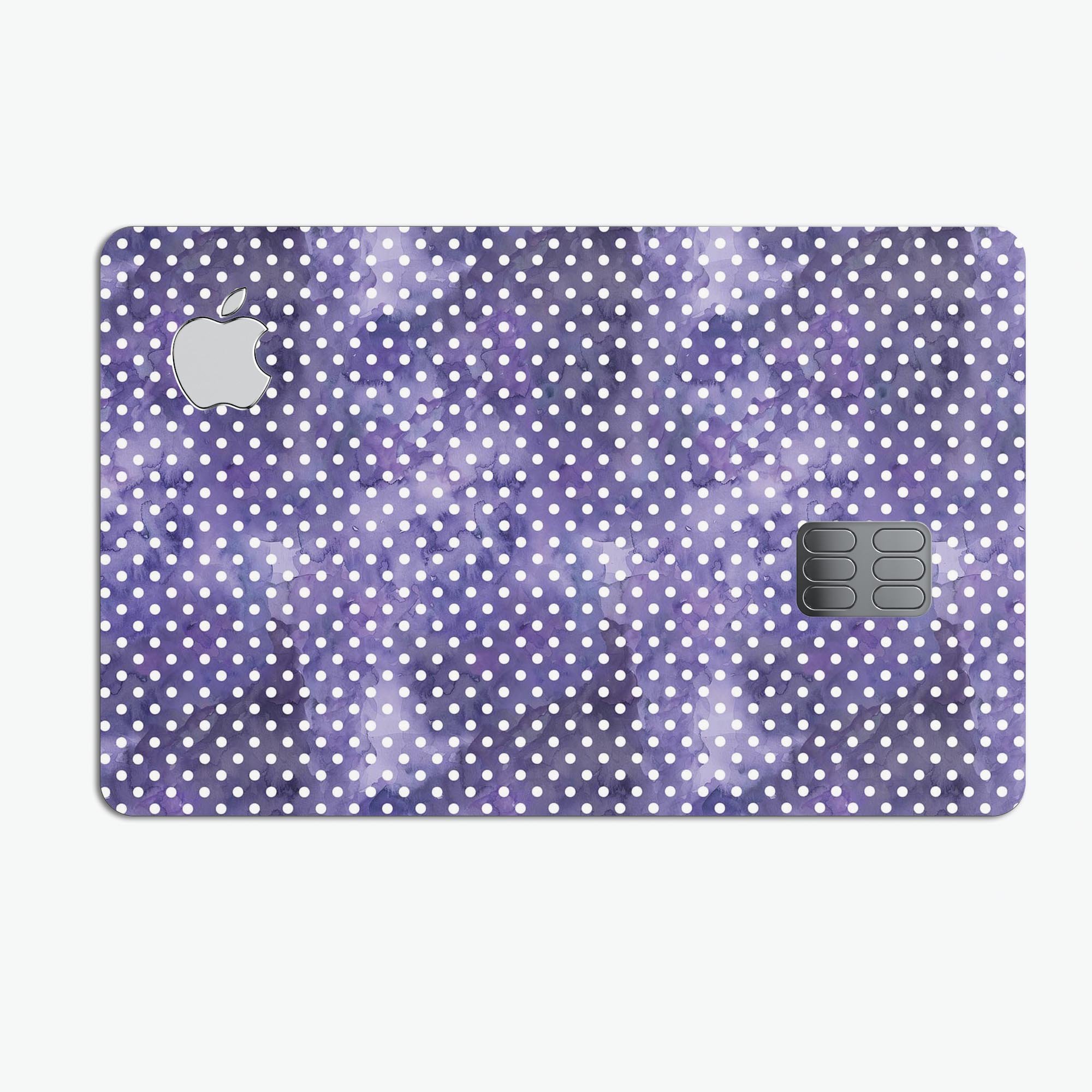 White polka dots on a purple watercolor background, showcasing a premium protective decal for Apple Card.