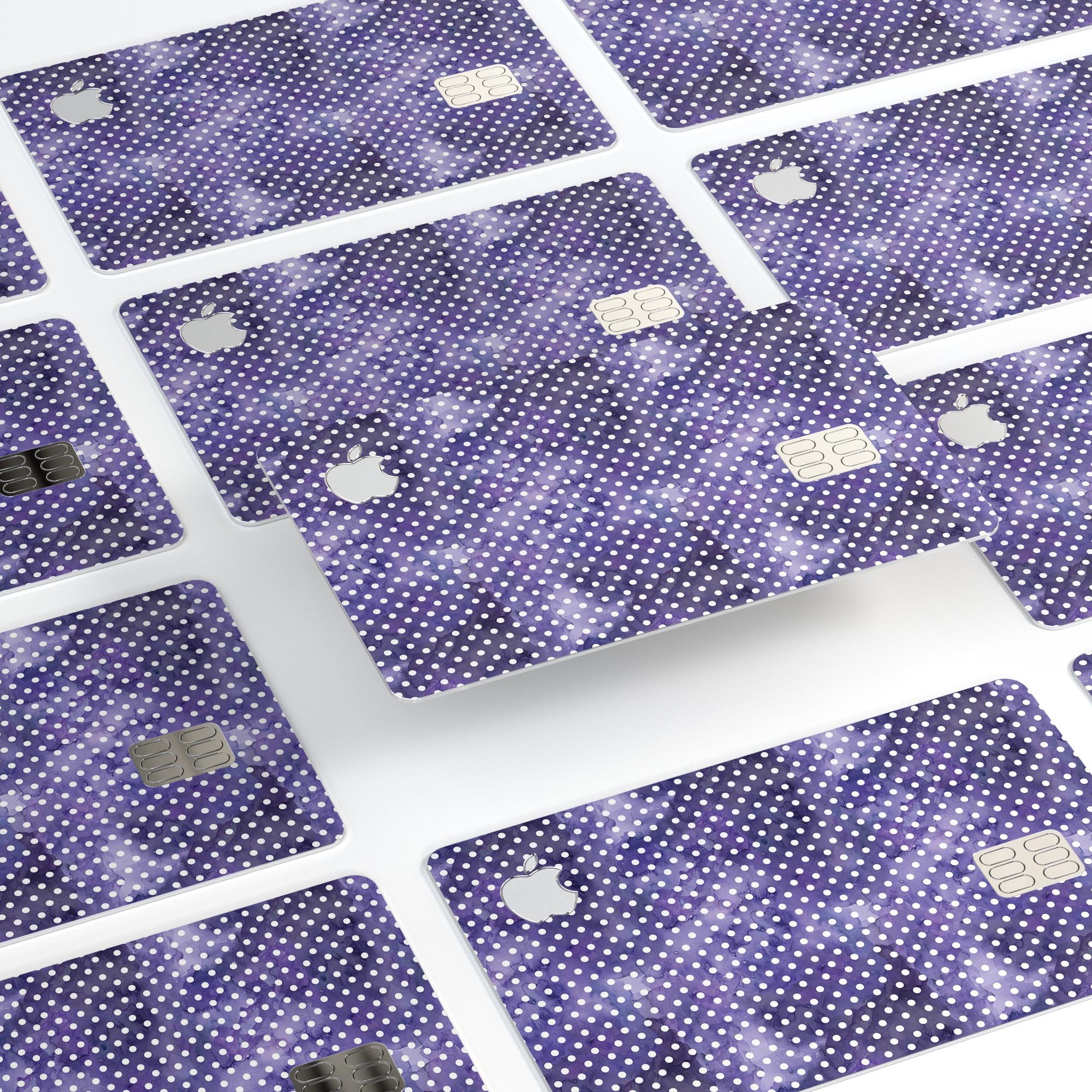 White polka dots on a purple watercolor background, showcasing a premium protective decal for Apple Card.