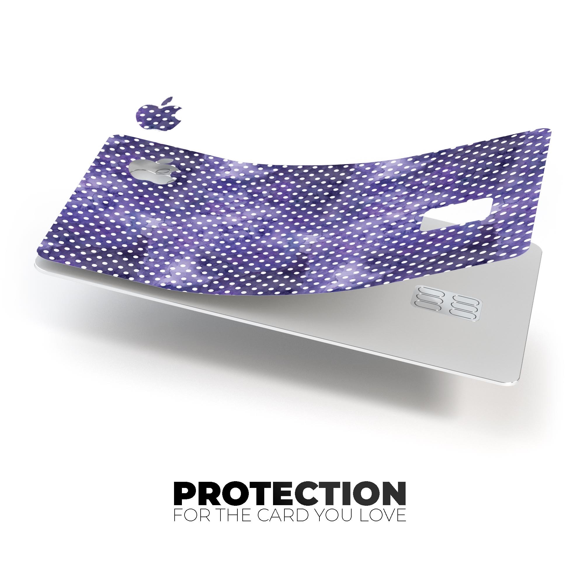 White polka dots on a purple watercolor background, showcasing a premium protective decal for Apple Card.