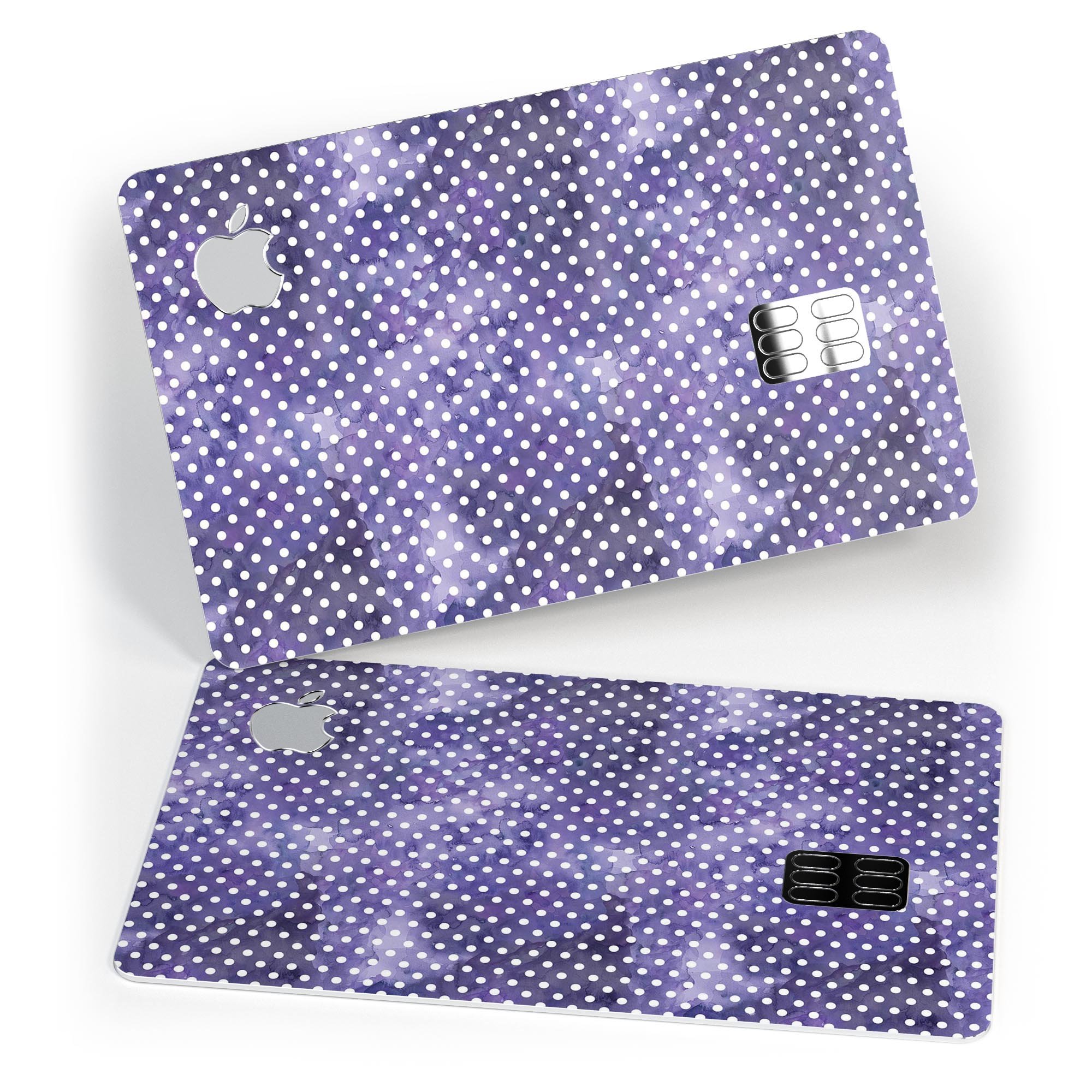 White polka dots on a purple watercolor background, showcasing a premium protective decal for Apple Card.