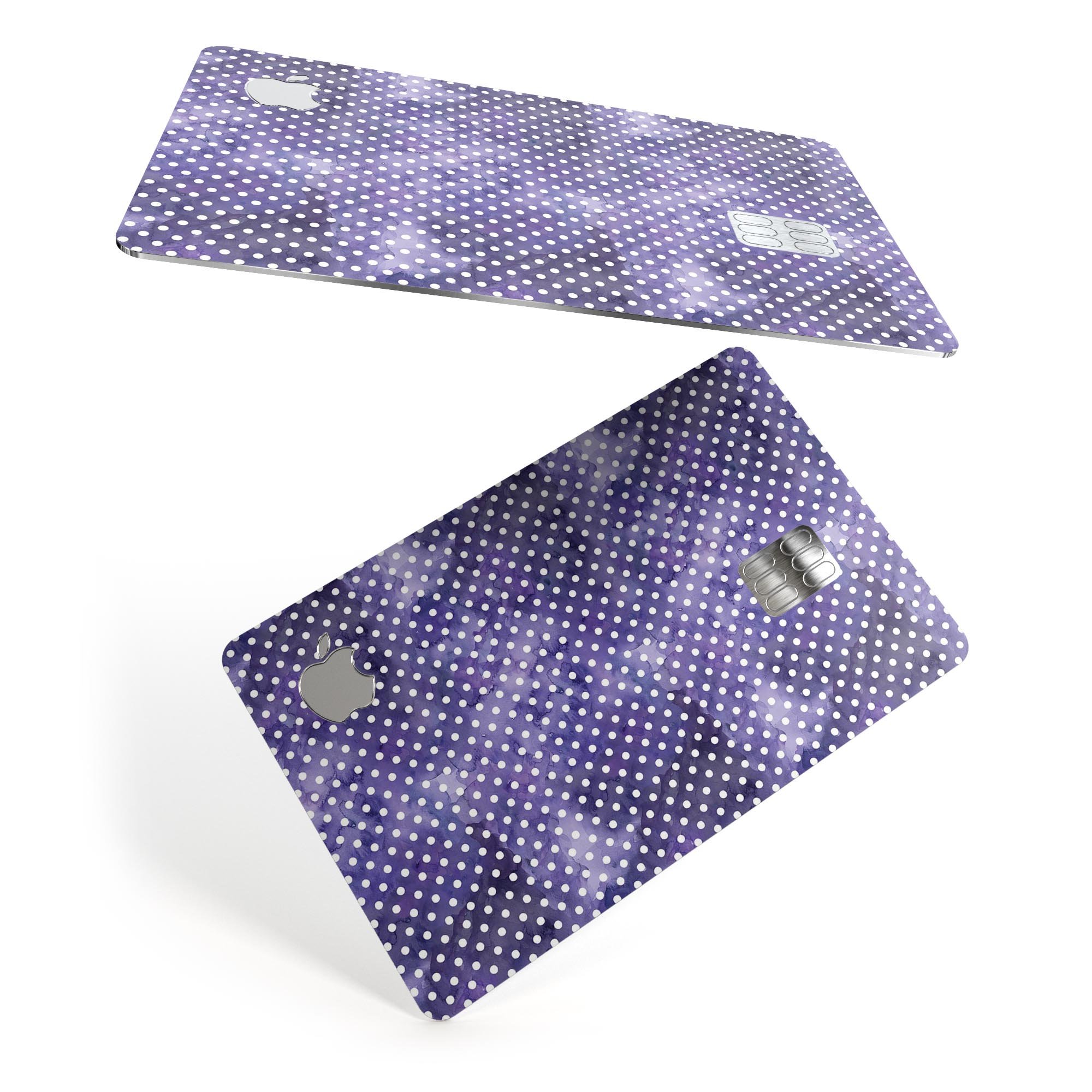 White polka dots on a purple watercolor background, showcasing a premium protective decal for Apple Card.