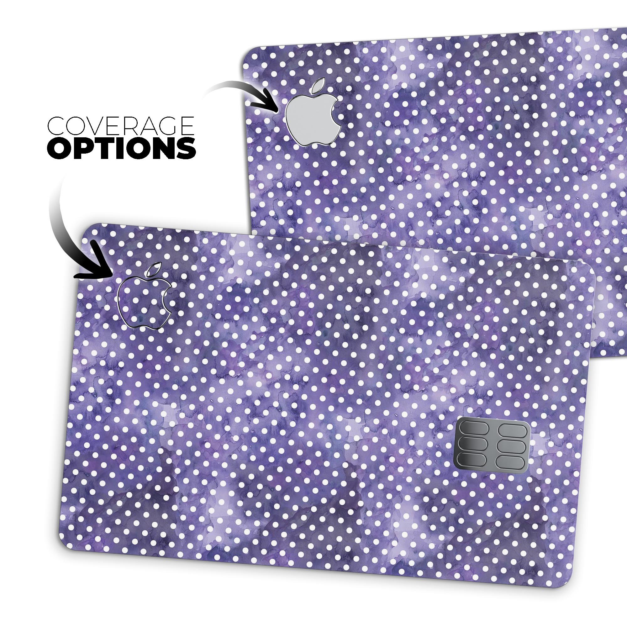 White polka dots on a purple watercolor background, showcasing a premium protective decal for Apple Card.