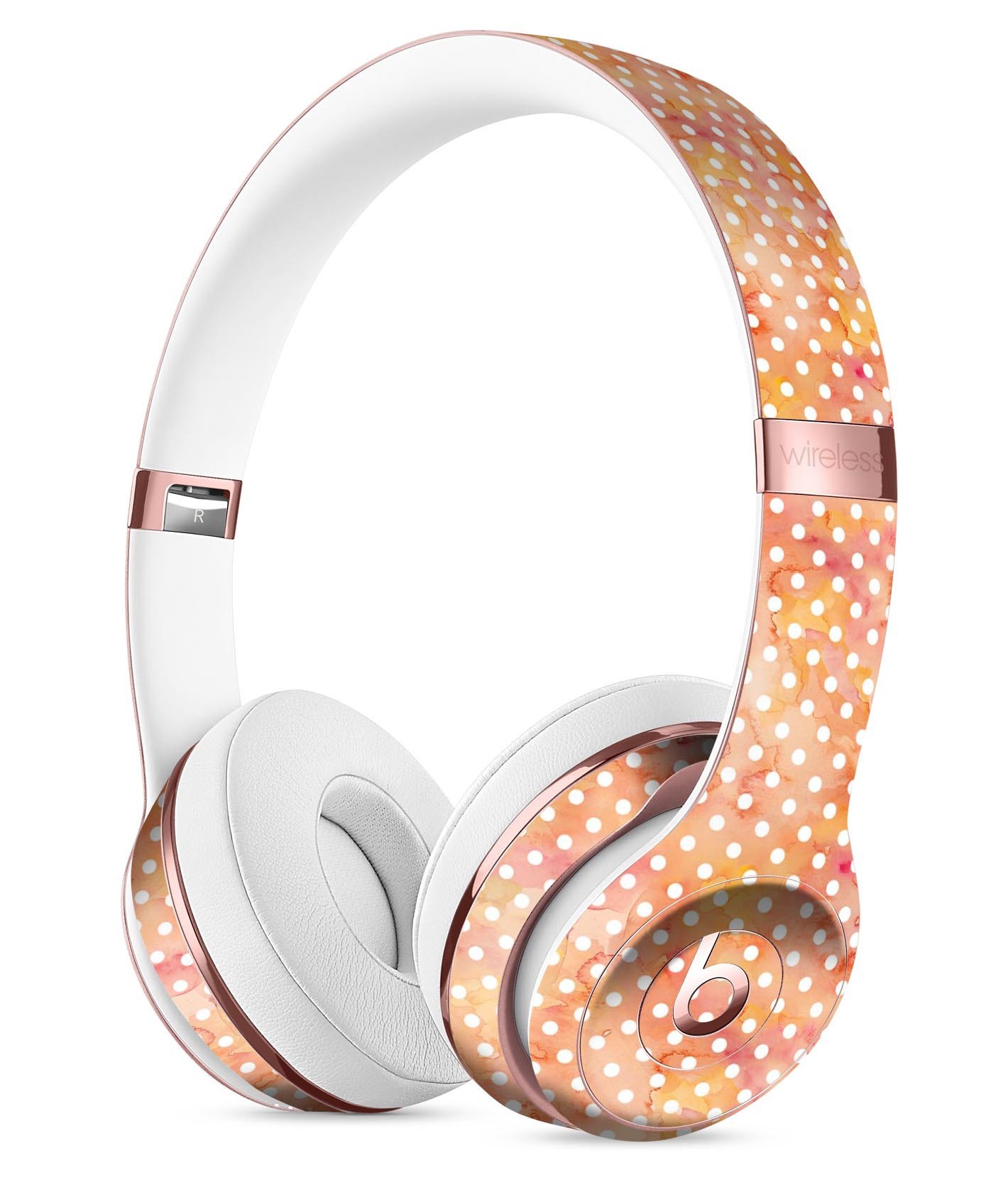 White Polka Dots over Red-Orange Watercolor skin kit for Beats by Dre Solo 3 Wireless Headphones, showcasing vibrant design and premium quality.