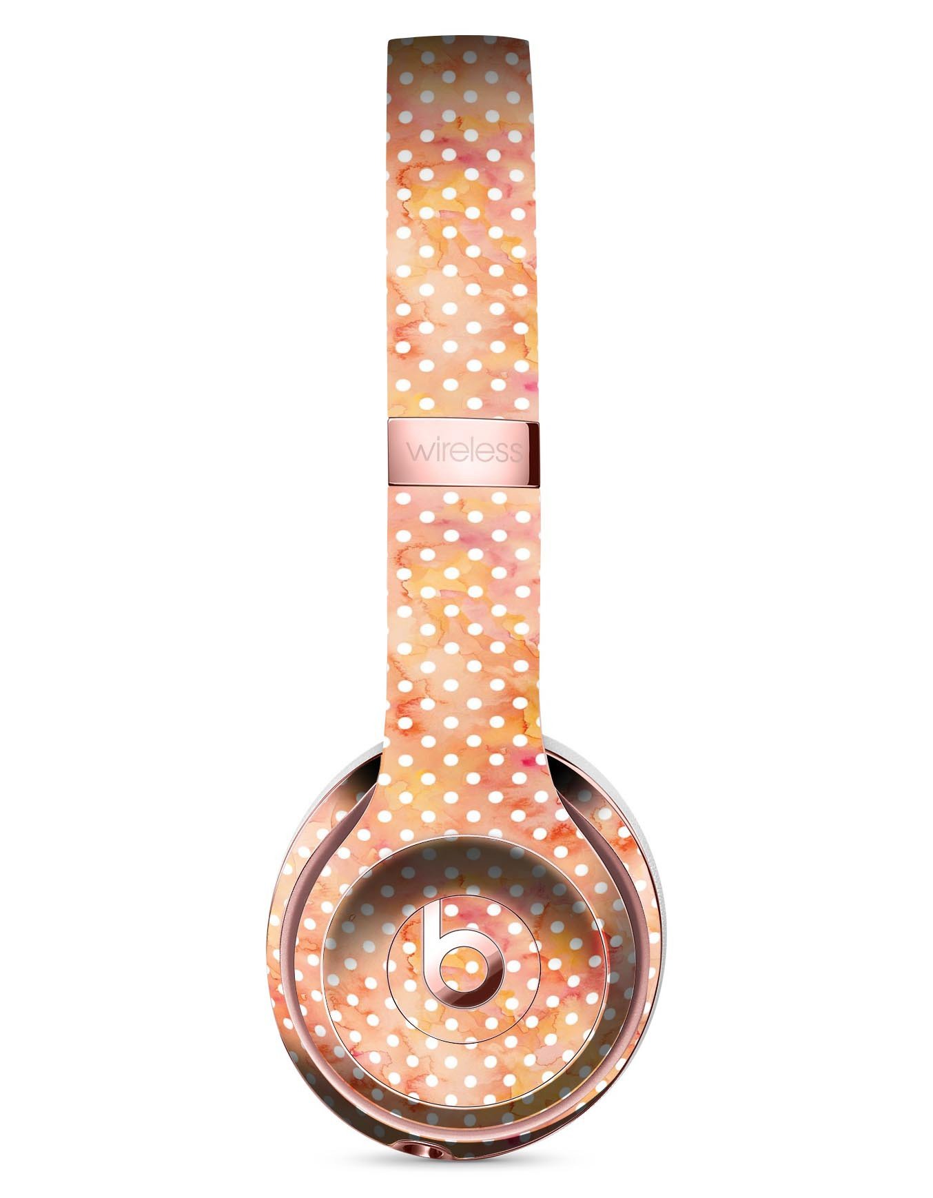 White Polka Dots over Red-Orange Watercolor skin kit for Beats by Dre Solo 3 Wireless Headphones, showcasing vibrant design and premium quality.