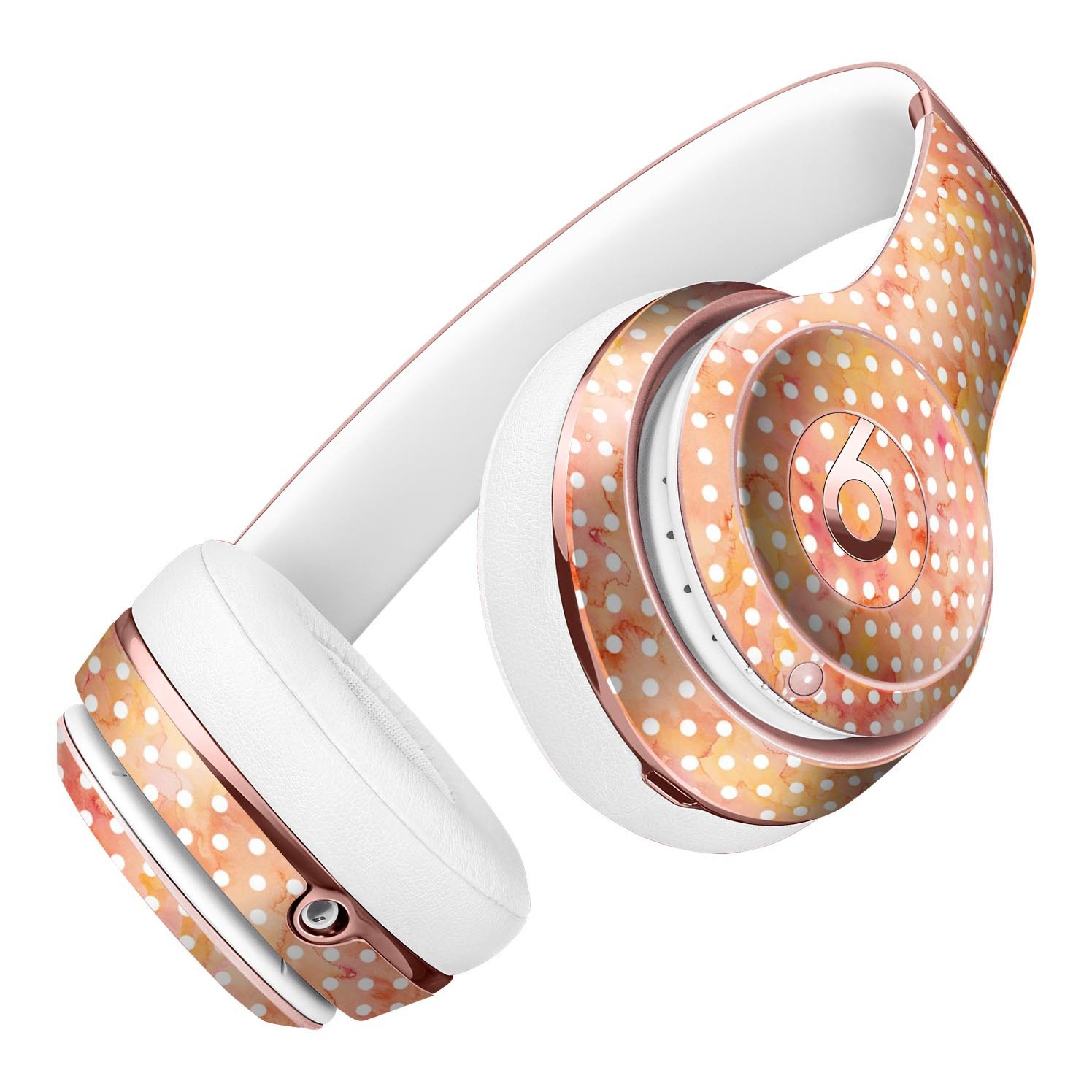 White Polka Dots over Red-Orange Watercolor skin kit for Beats by Dre Solo 3 Wireless Headphones, showcasing vibrant design and premium quality.