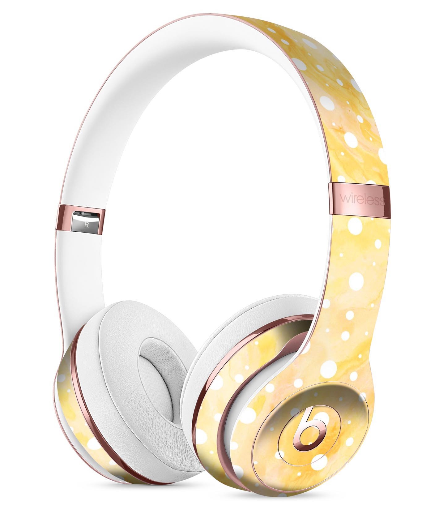 Full-body skin kit featuring white polka dots over a yellow-orange grunge design for Beats by Dre Solo 3 Wireless Headphones.