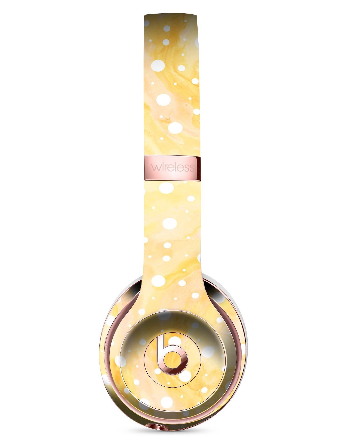 Full-body skin kit featuring white polka dots over a yellow-orange grunge design for Beats by Dre Solo 3 Wireless Headphones.