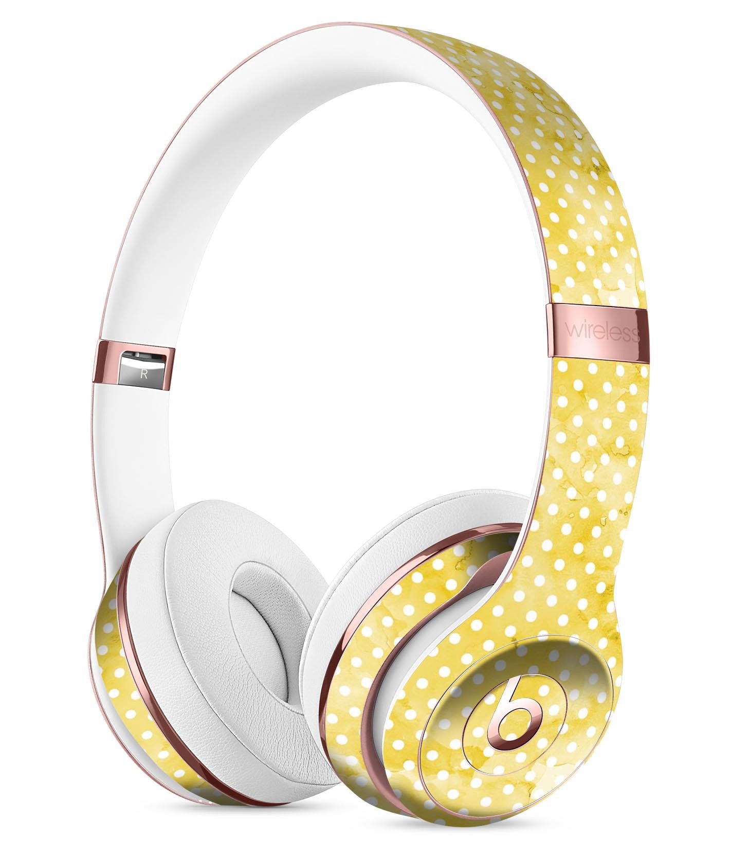 White Polka Dots over Yellow Watercolor Skin Kit for Beats by Dre Solo 3 Wireless Headphones, showcasing vibrant design and premium quality.