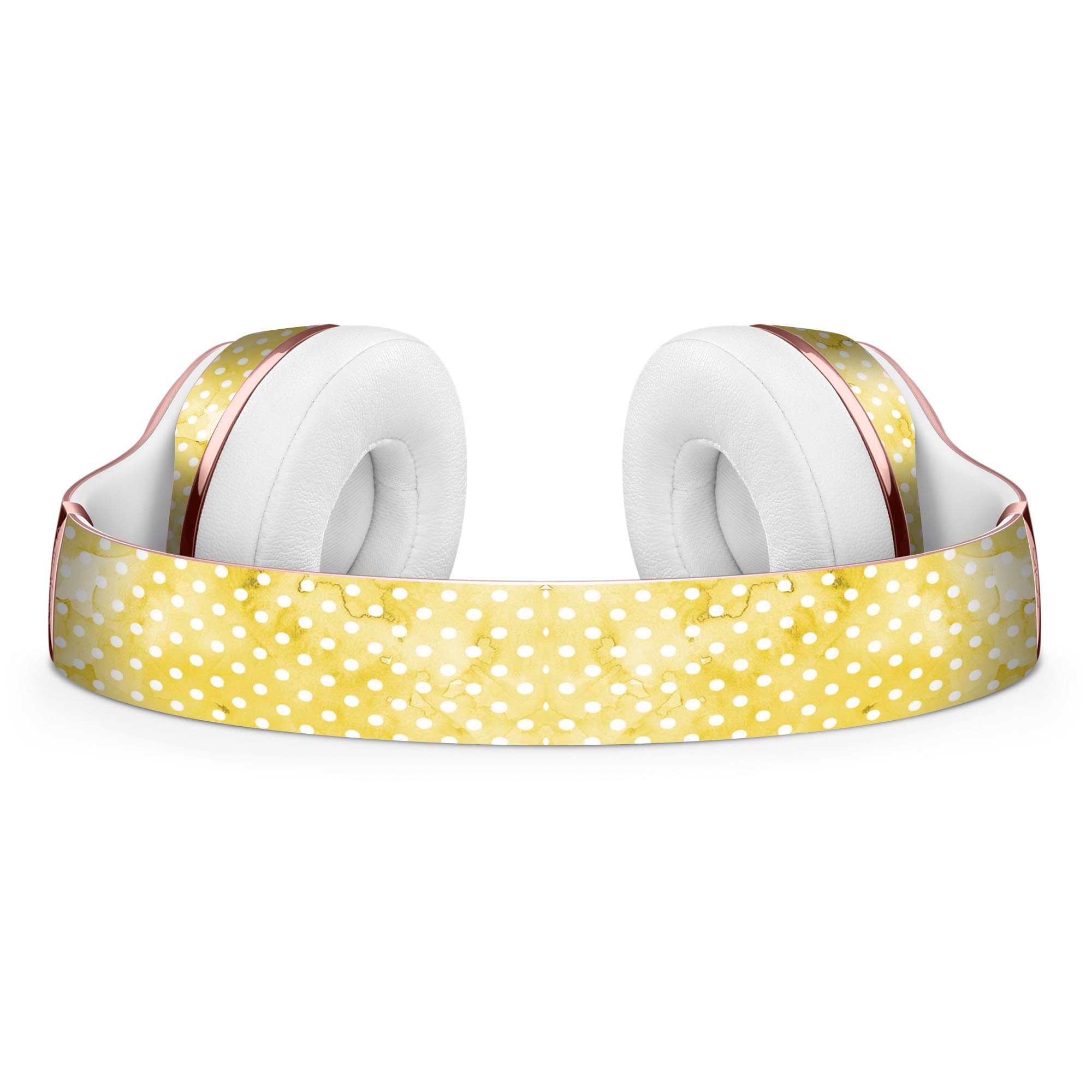 White Polka Dots over Yellow Watercolor Skin Kit for Beats by Dre Solo 3 Wireless Headphones, showcasing vibrant design and premium quality.