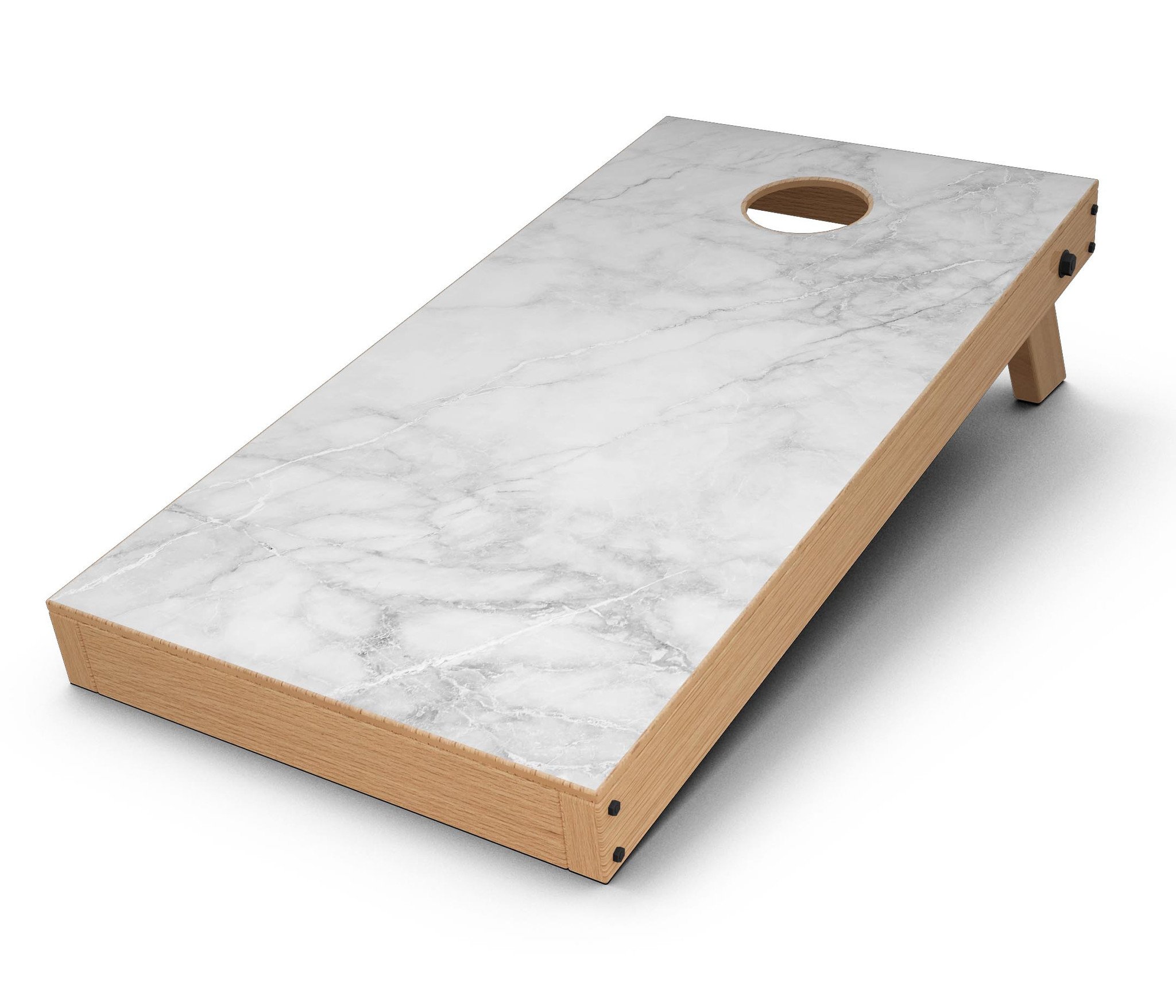 White Scratched Marble CornHole Board Skin Decal Kit showcasing a stylish marble design for Cornhole boards.