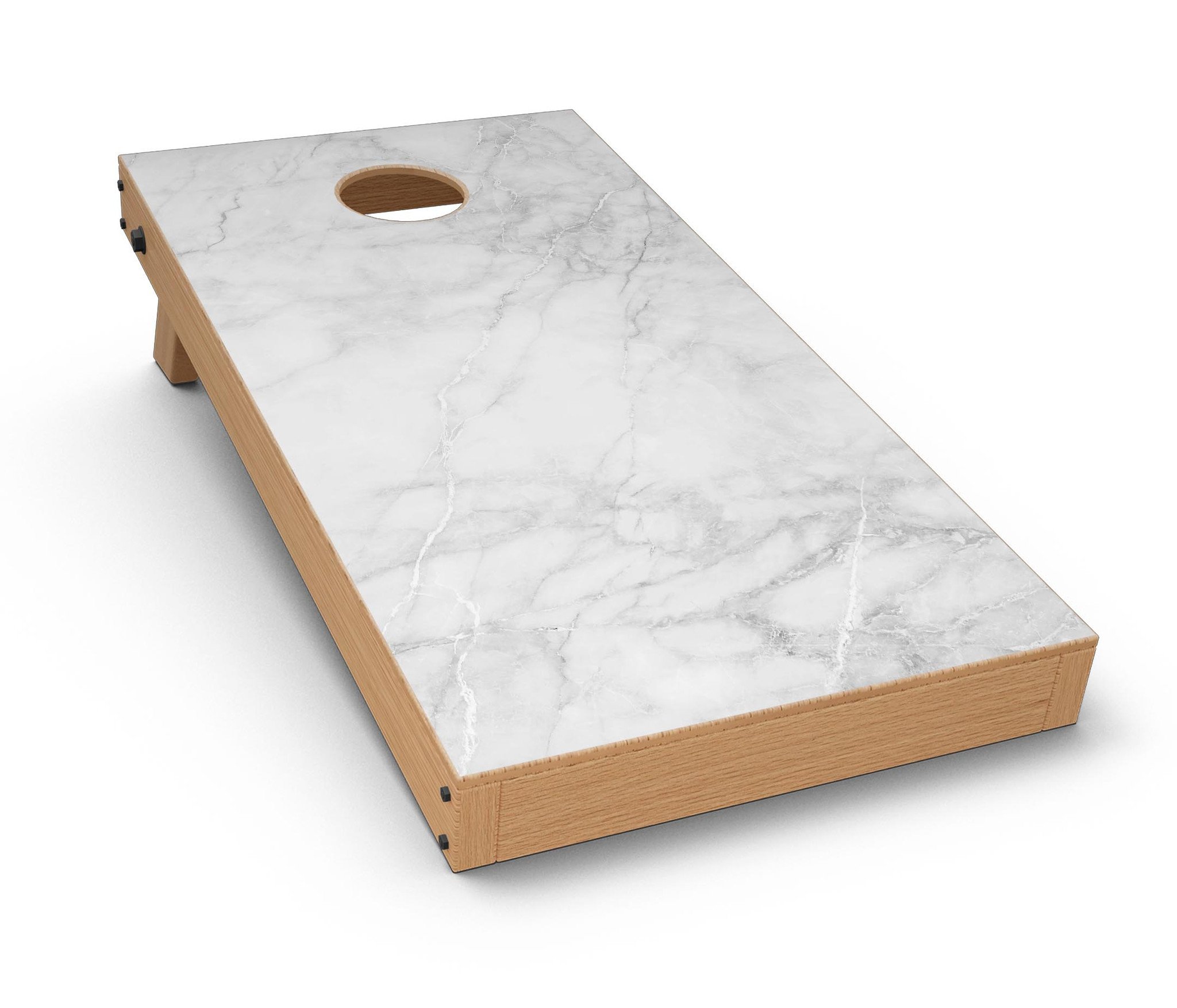 White Scratched Marble CornHole Board Skin Decal Kit showcasing a stylish marble design for Cornhole boards.