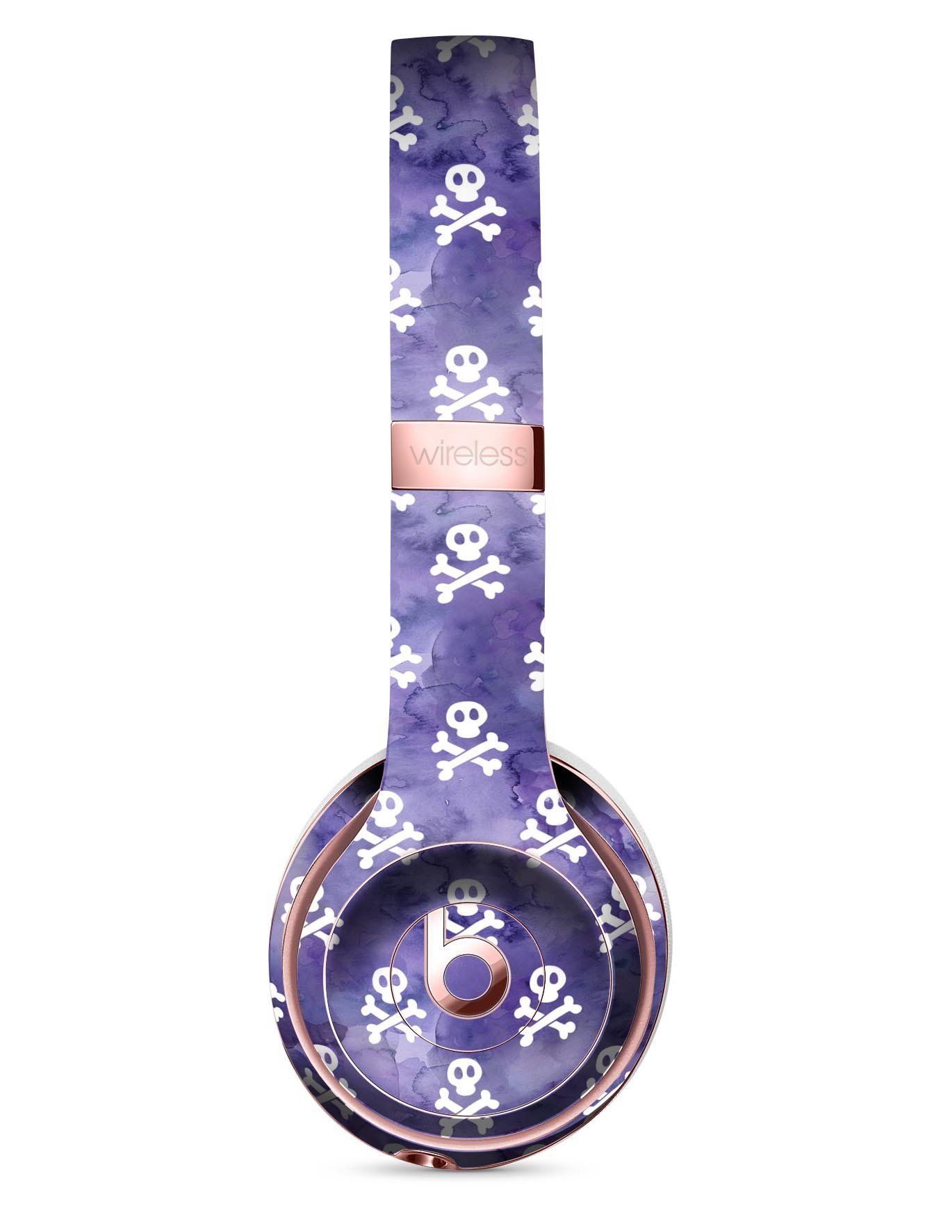 White Skulls on Purple Watercolor Skin Kit for Beats by Dre Solo 3 Wireless Headphones, showcasing vibrant colors and intricate design.