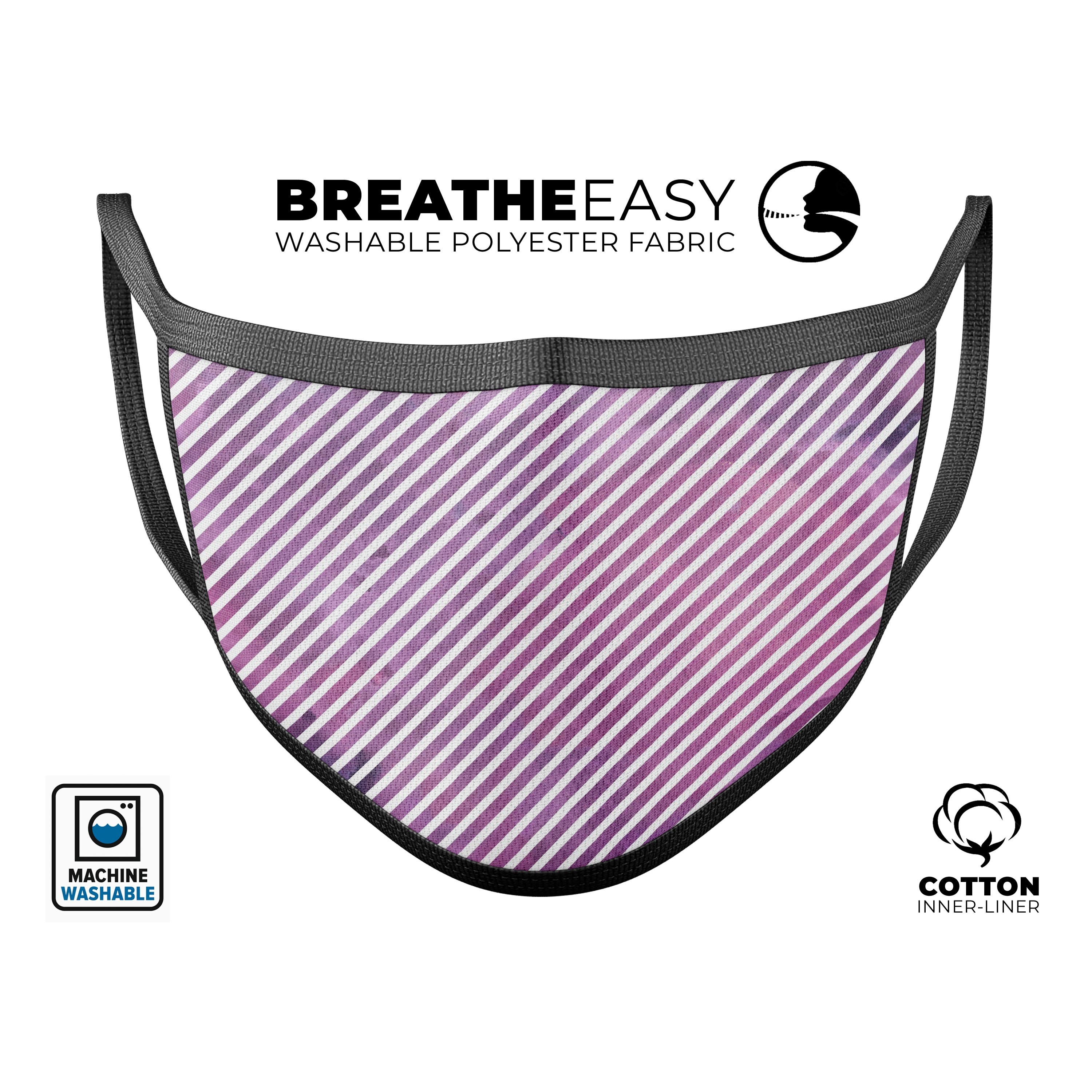 A stylish mouth cover featuring white slanted lines over pink fumes, designed for comfort and adjustable fit, made in the USA.