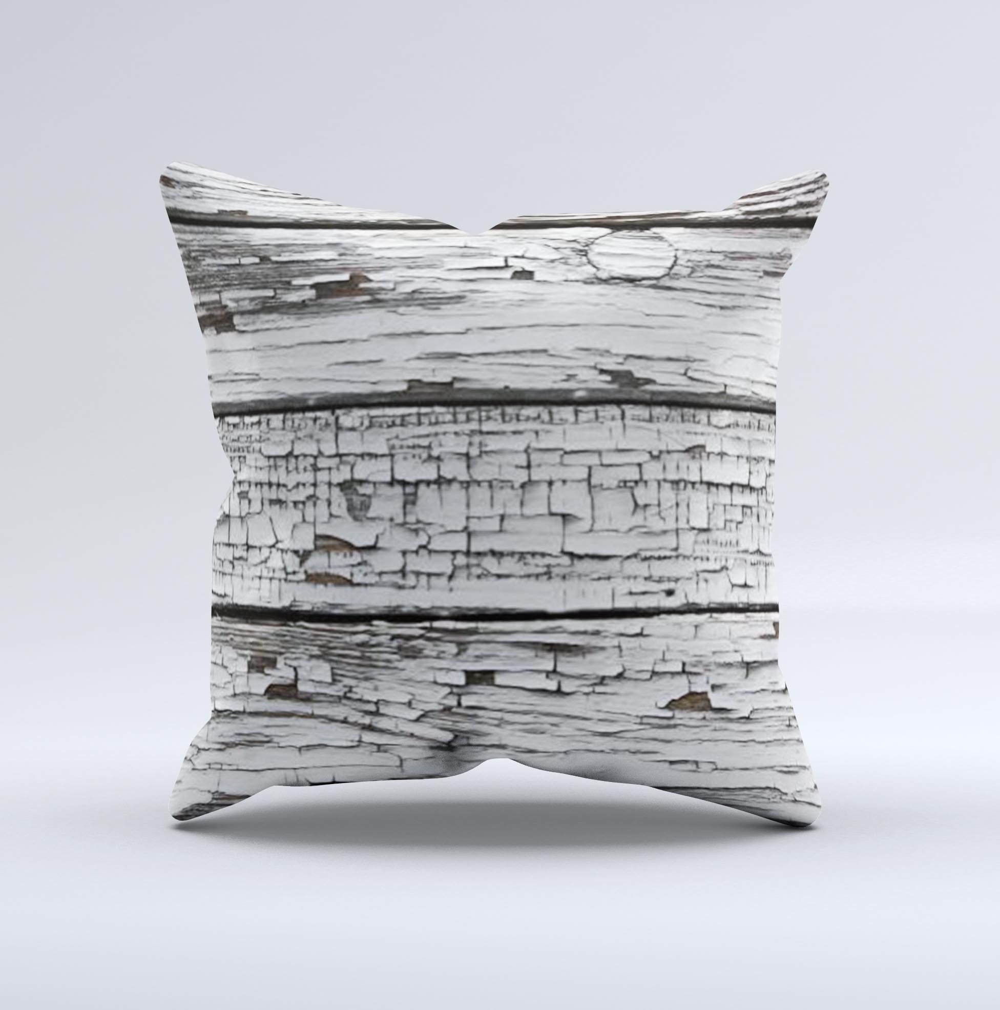 A beautifully handcrafted White Wide Aged Wood Planks Ink-Fuzed Decorative Throw Pillow featuring a unique design and soft fabric.