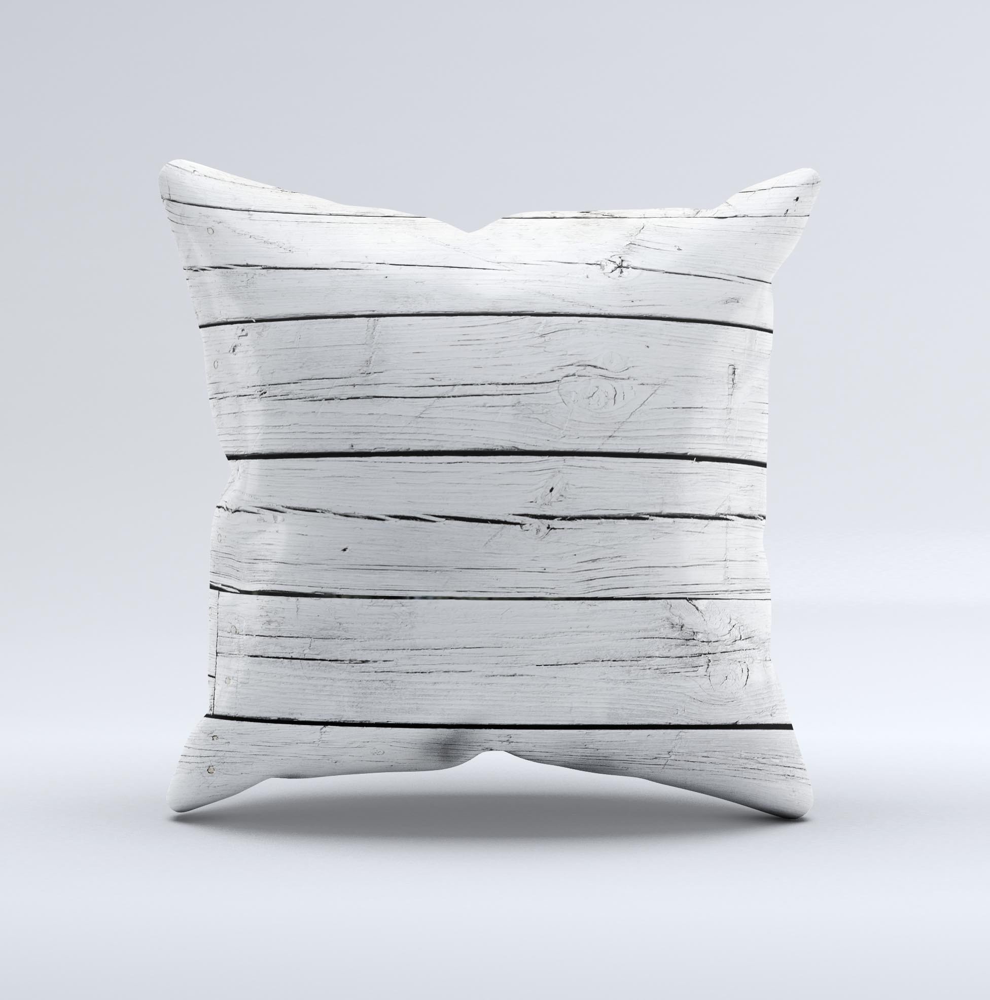 A beautifully handcrafted White Wood Planks Ink-Fuzed Decorative Throw Pillow featuring a rustic wood design, perfect for home decor.