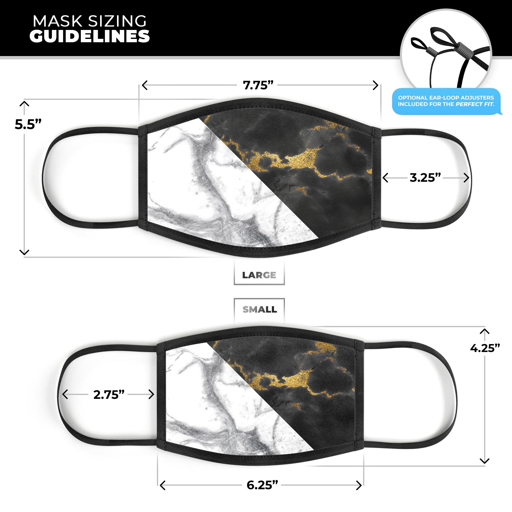 White-Black Marble & Digital Gold Foil V1 mouth cover, showcasing a stylish design with adjustable ear loops.