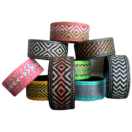 Wide Cana Flecha Bracelet handcrafted from sustainable Caña Flecha by Zenu Tribe artisans in Colombia, featuring intricate geometric patterns.